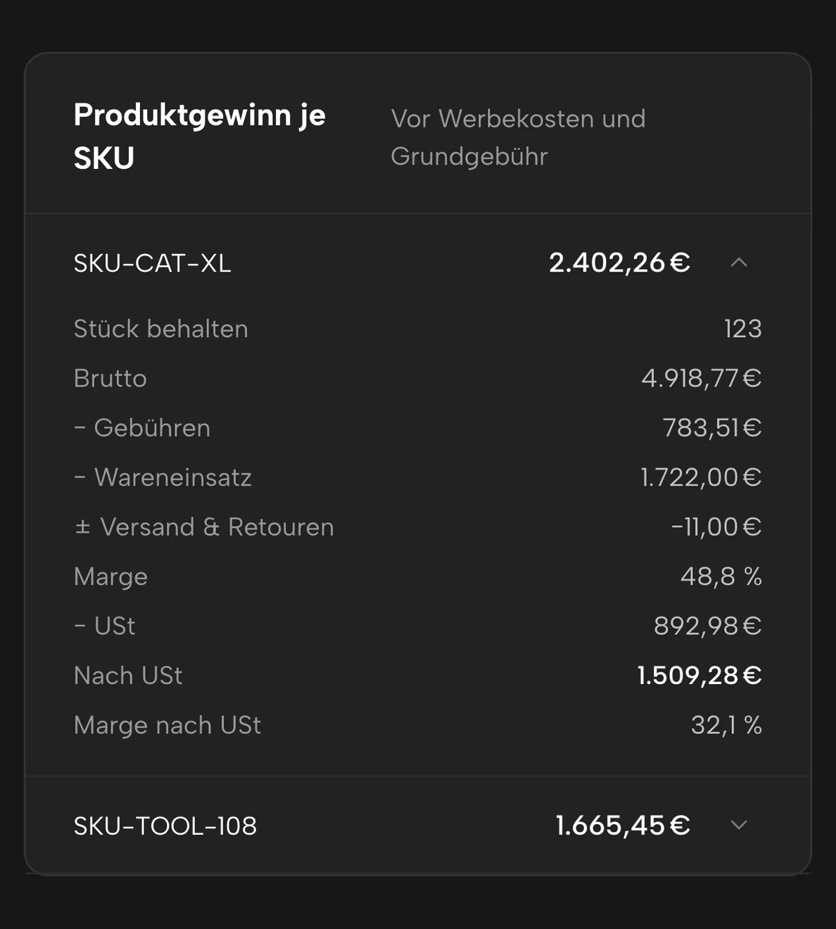 GuV in Sellgrip: der Gewinn eines Produkts aufgeklappt in Umsatz, Kosten, Wareneinsatz, Versand und Umsatzsteuer