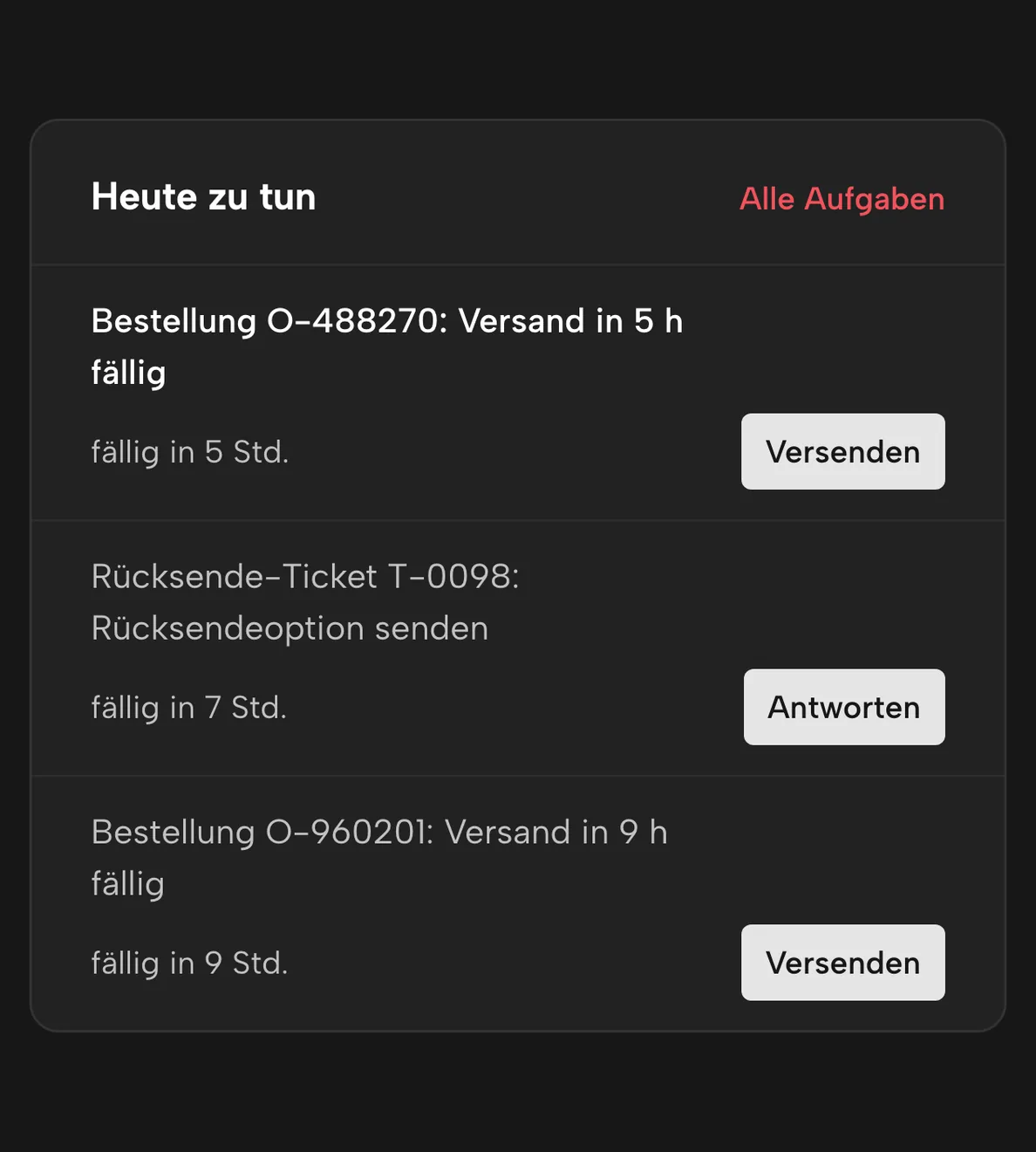 Übersicht in Sellgrip: die Aufgaben von heute, nach Frist sortiert
