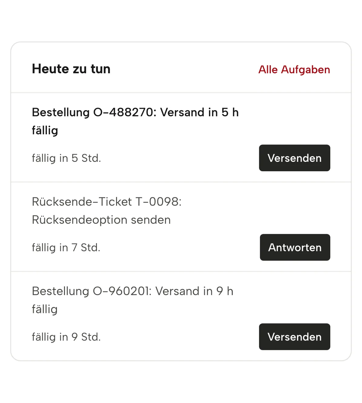 Übersicht in Sellgrip: die Aufgaben von heute, nach Frist sortiert