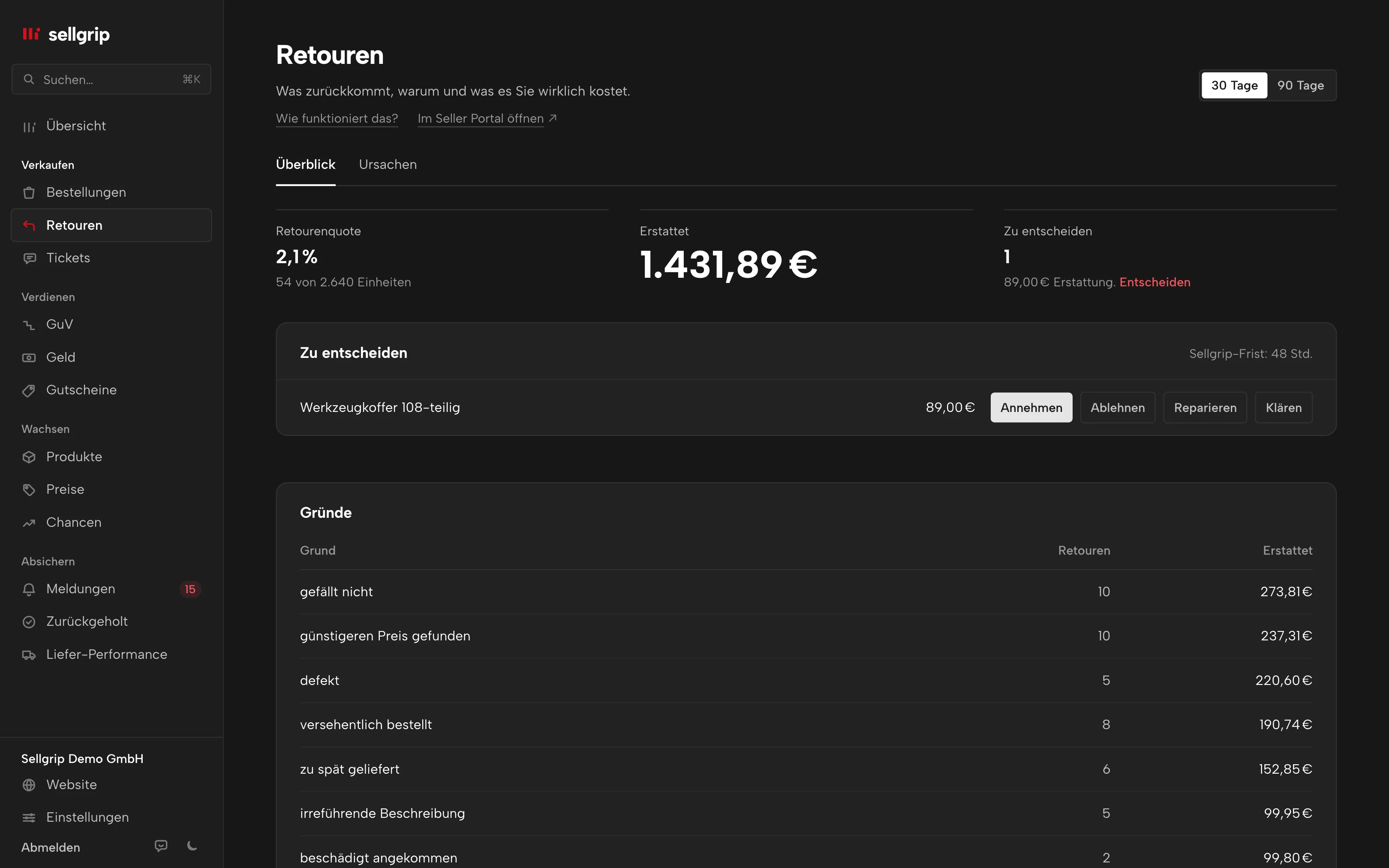 Retouren in Sellgrip: Retourenquote, Erstattet, offene Entscheidungen und Gründe.