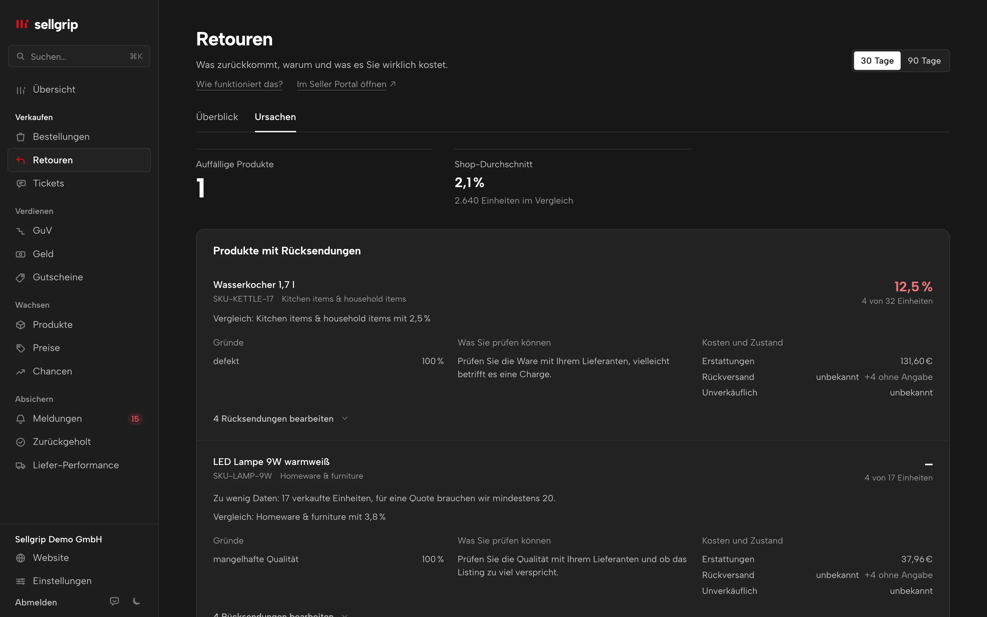 Retouren-Radar in Sellgrip: auffällige Produkte, Vergleichsbasis, Retourengründe und bekannte Kosten.