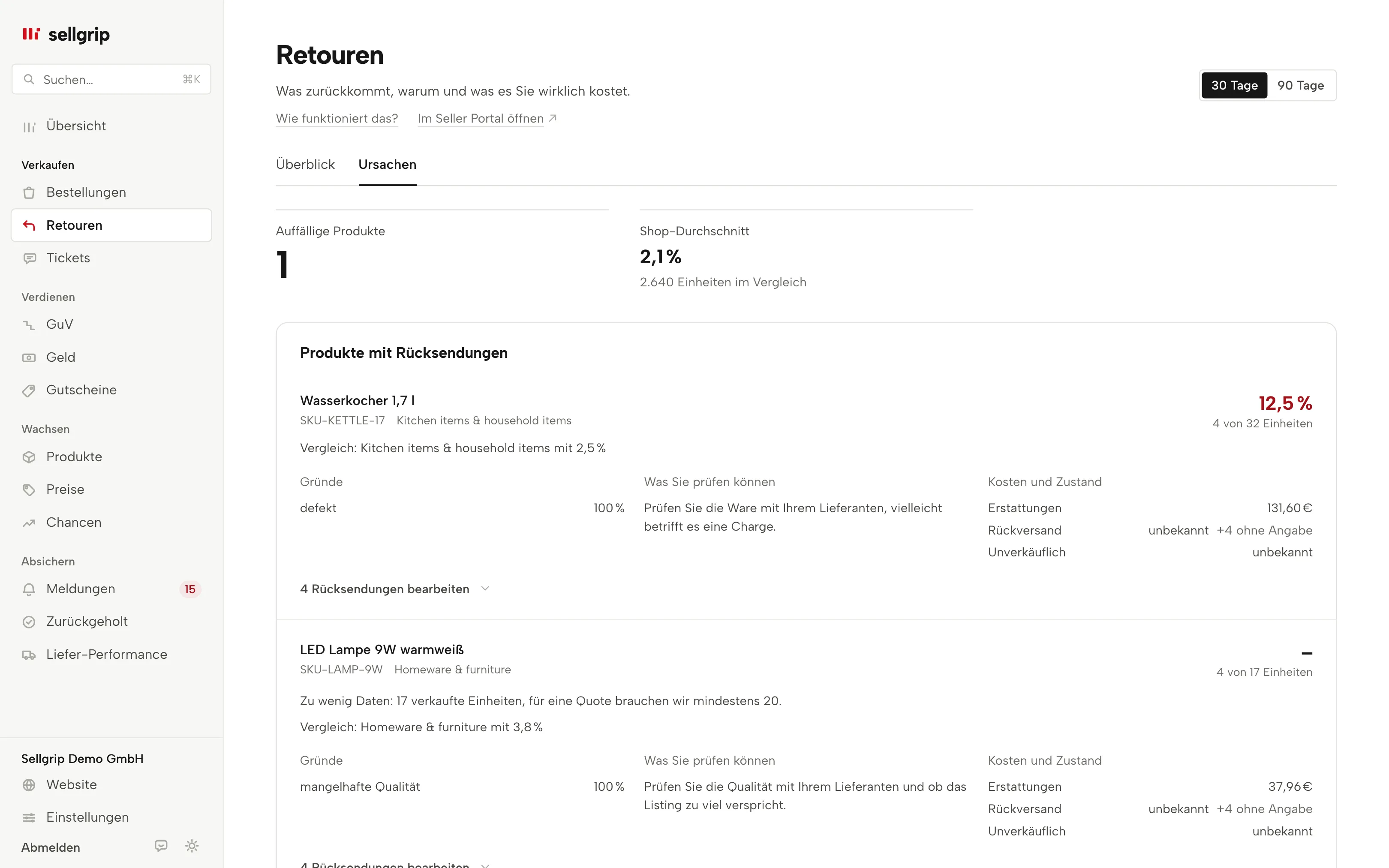 Retouren-Radar in Sellgrip: auffällige Produkte, Vergleichsbasis, Retourengründe und bekannte Kosten.