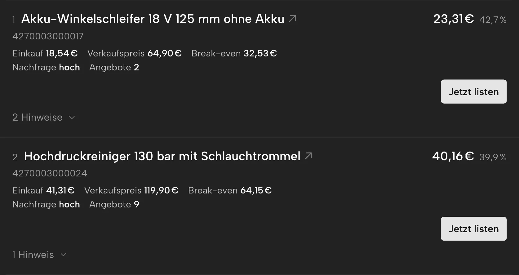 Margenfinder in Sellgrip, mit Beispieldaten