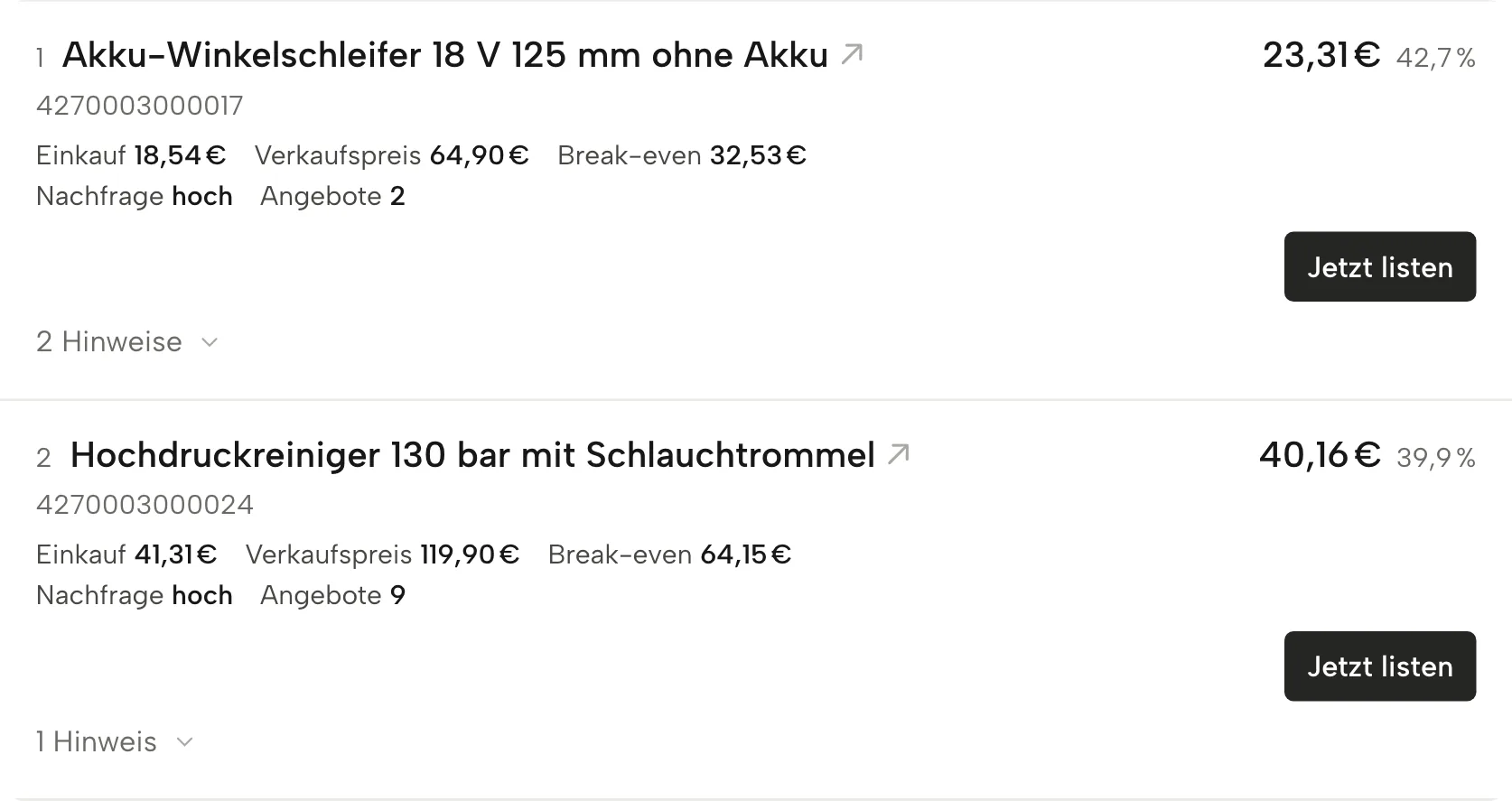 Margenfinder in Sellgrip, mit Beispieldaten