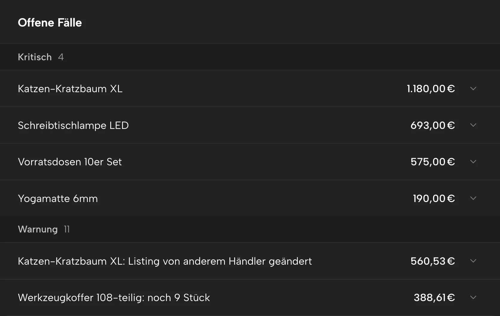 Meldungen in Sellgrip, mit Beispieldaten