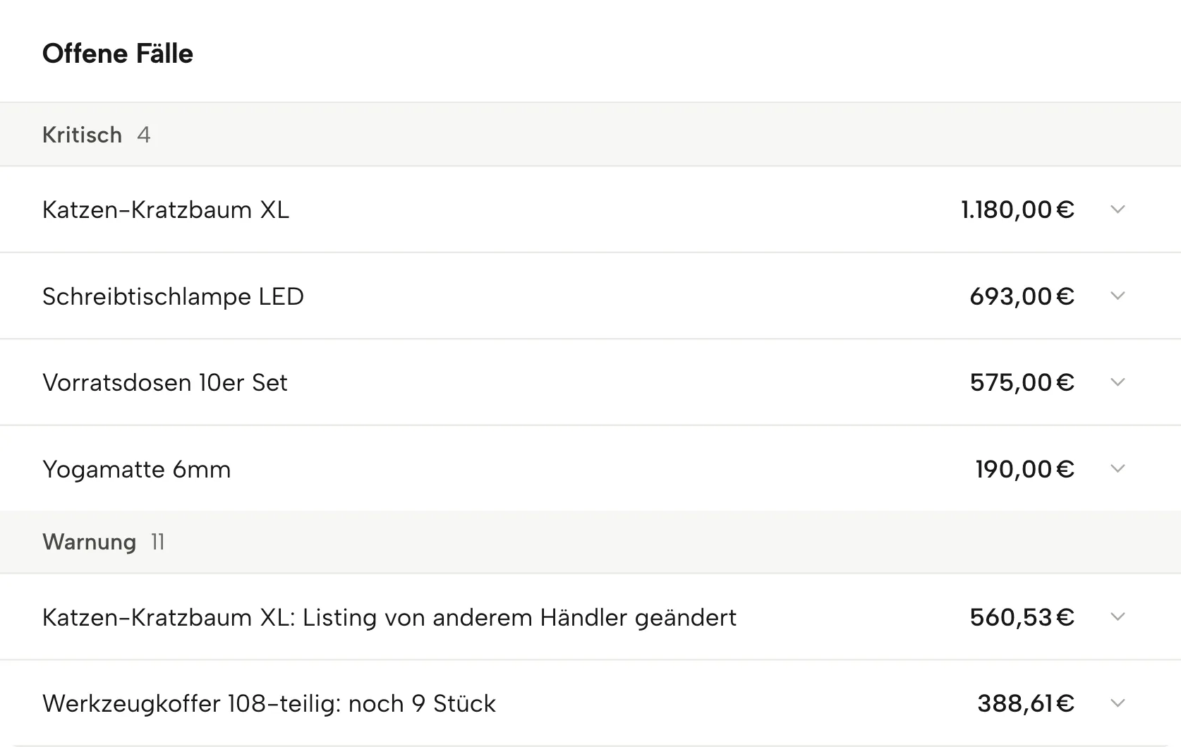 Meldungen in Sellgrip, mit Beispieldaten