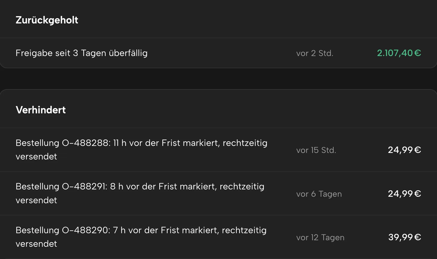 Zurückgeholt in Sellgrip, mit Beispieldaten