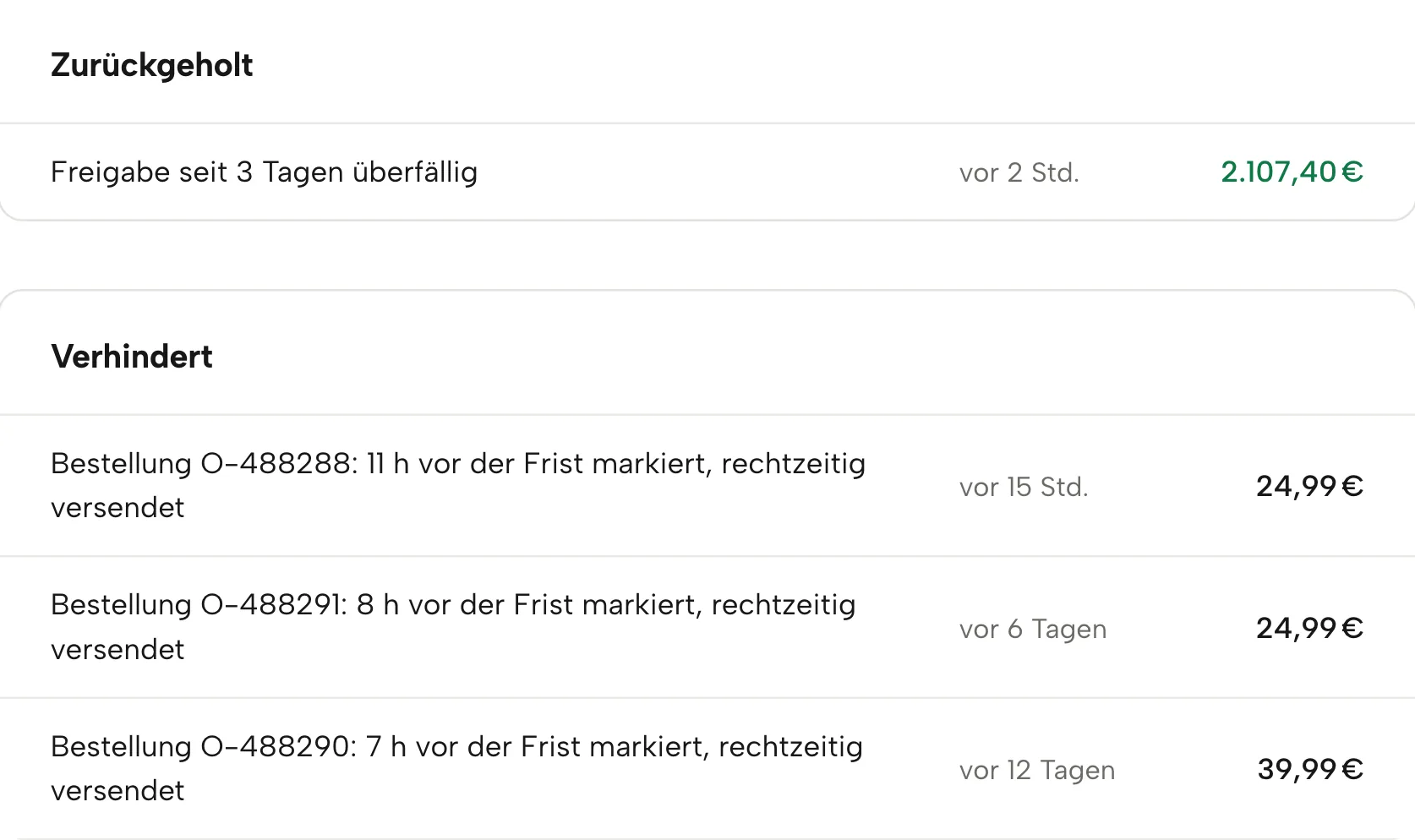 Zurückgeholt in Sellgrip, mit Beispieldaten