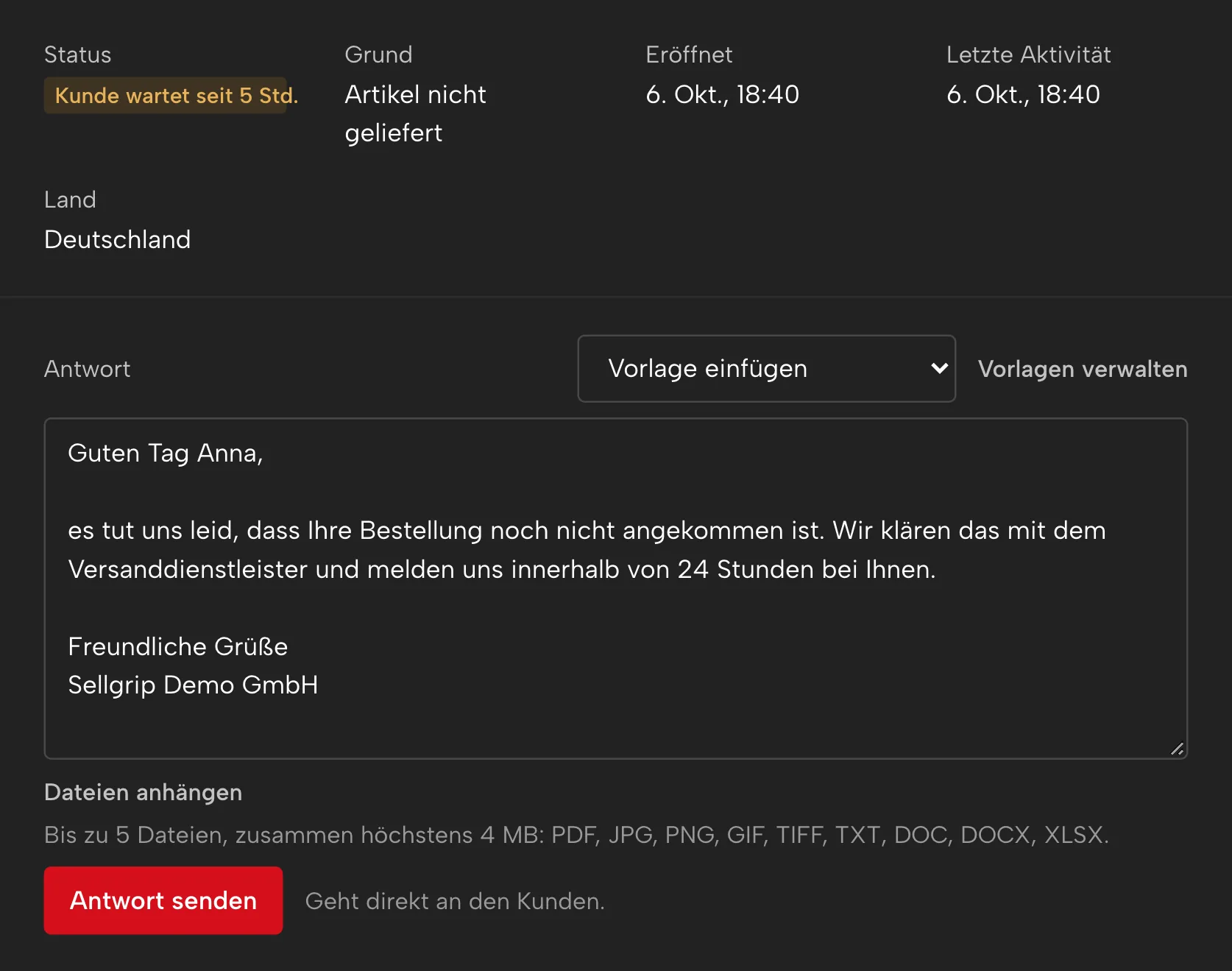 Tickets in Sellgrip, mit Beispieldaten