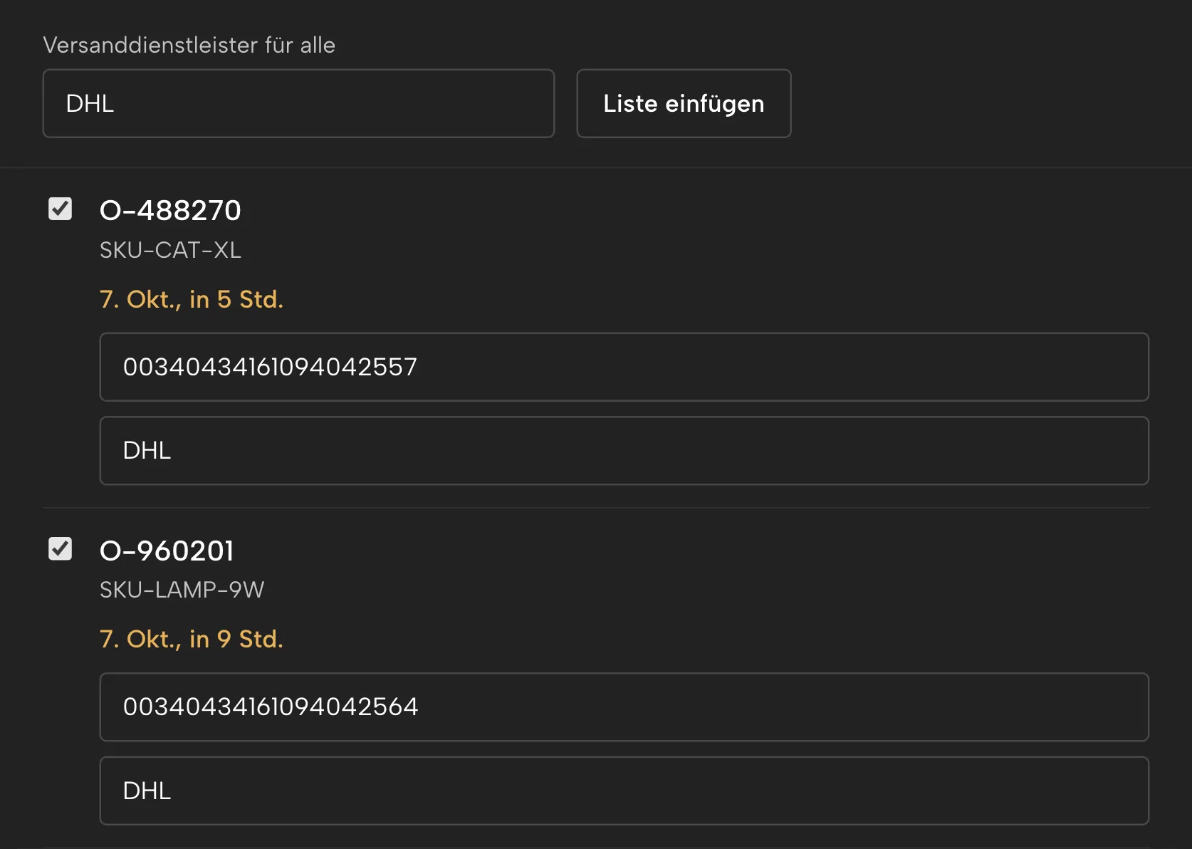 Versand melden in Sellgrip, mit Beispieldaten