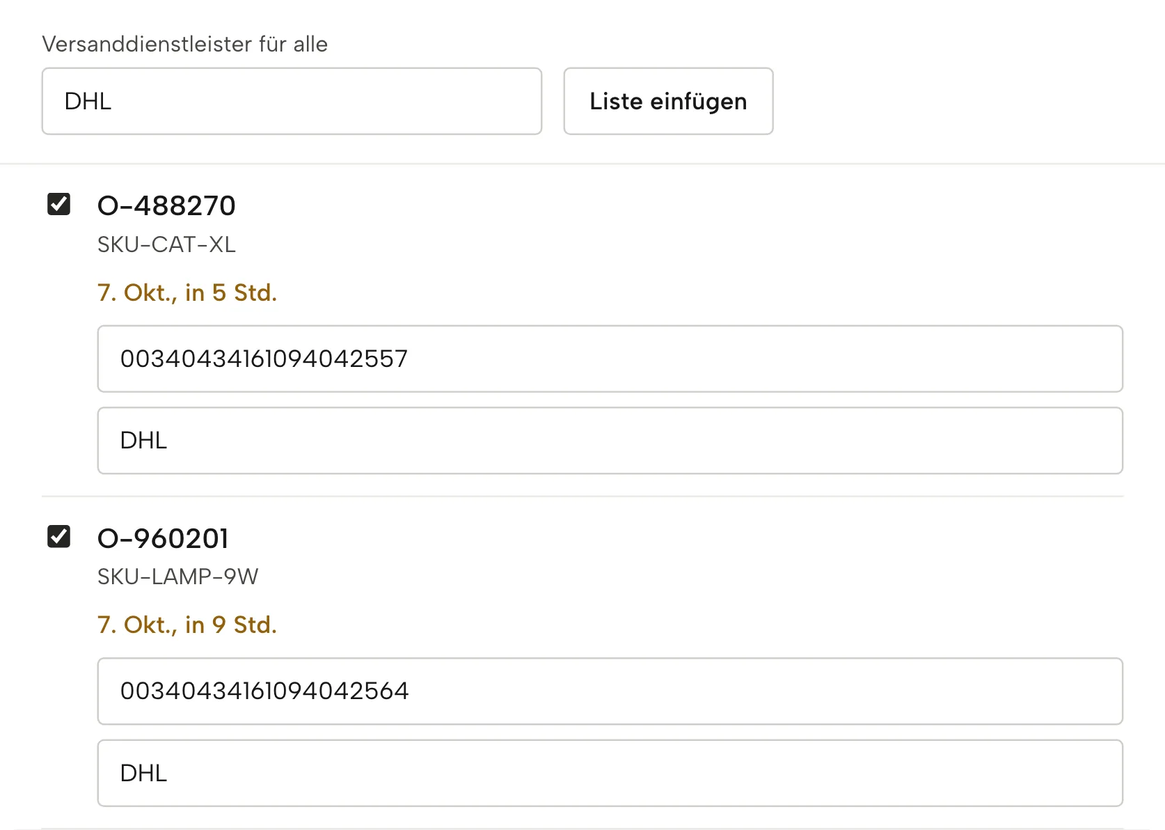 Versand melden in Sellgrip, mit Beispieldaten
