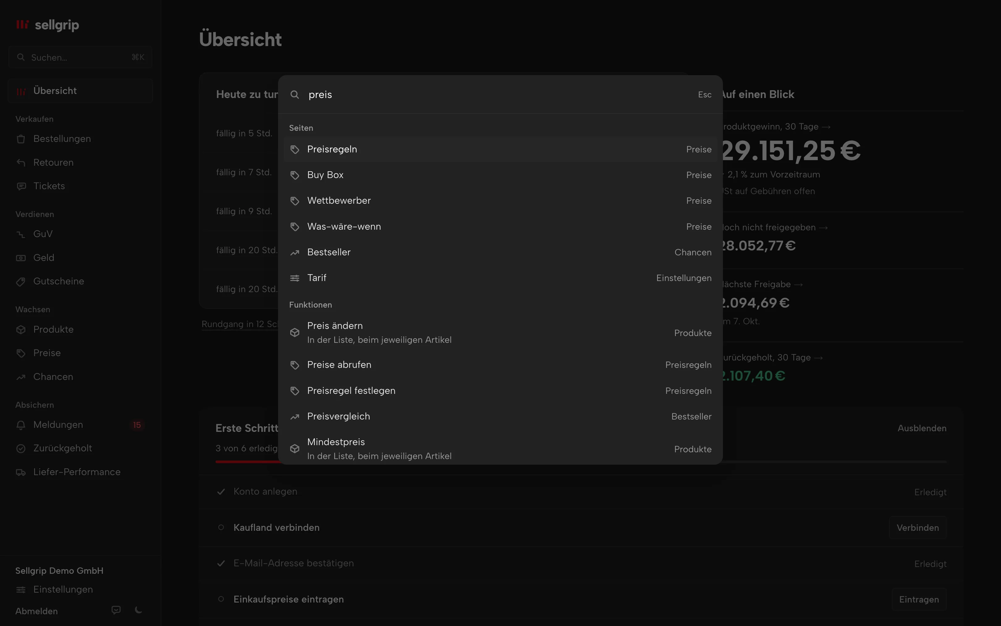 Suche in Sellgrip, geöffnet mit ⌘K: Seiten und die Funktionen darin zum Wort „Preis“.