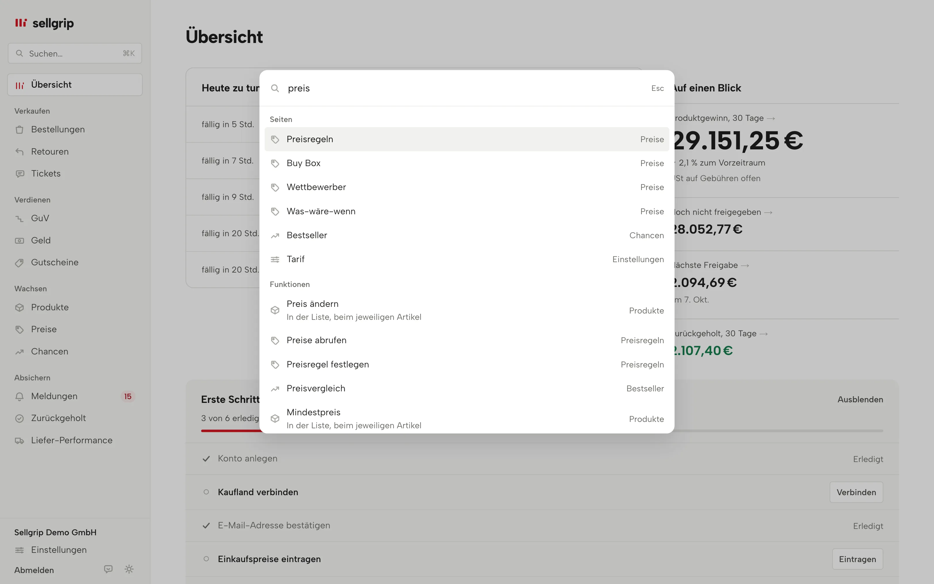 Suche in Sellgrip, geöffnet mit ⌘K: Seiten und die Funktionen darin zum Wort „Preis“.