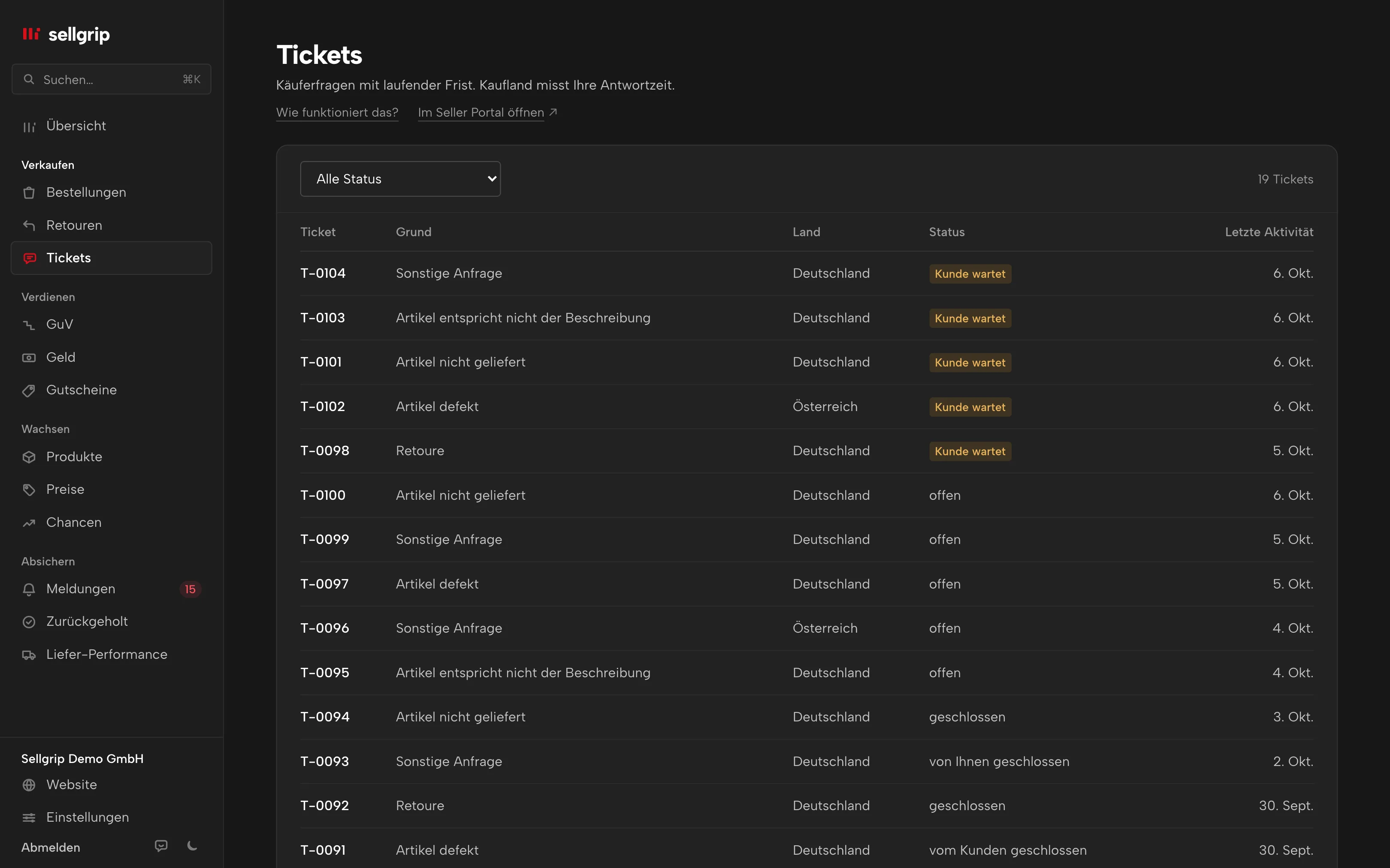 Tickets in Sellgrip: Grund, Land und der Status „Kunde wartet“.