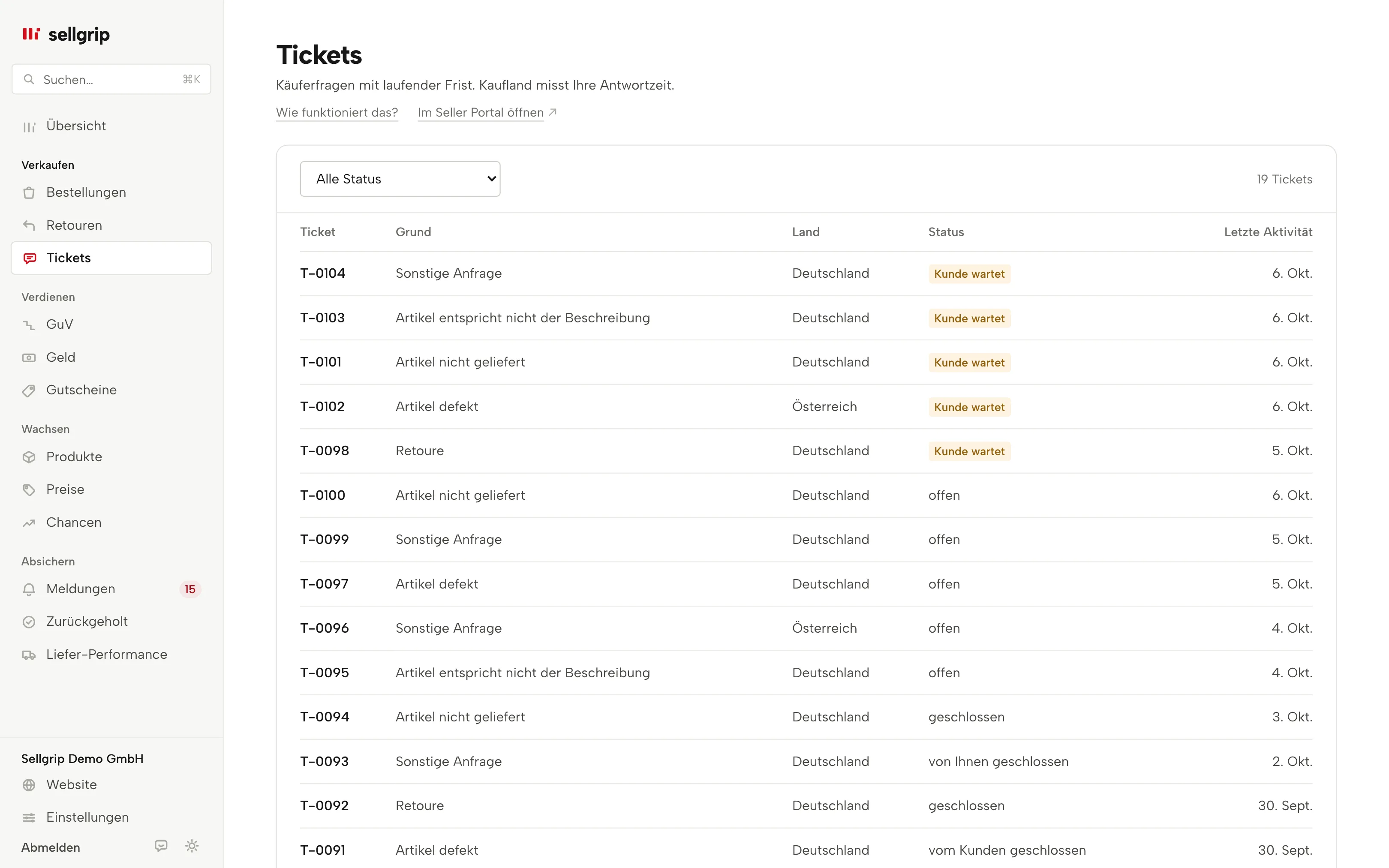 Tickets in Sellgrip: Grund, Land und der Status „Kunde wartet“.