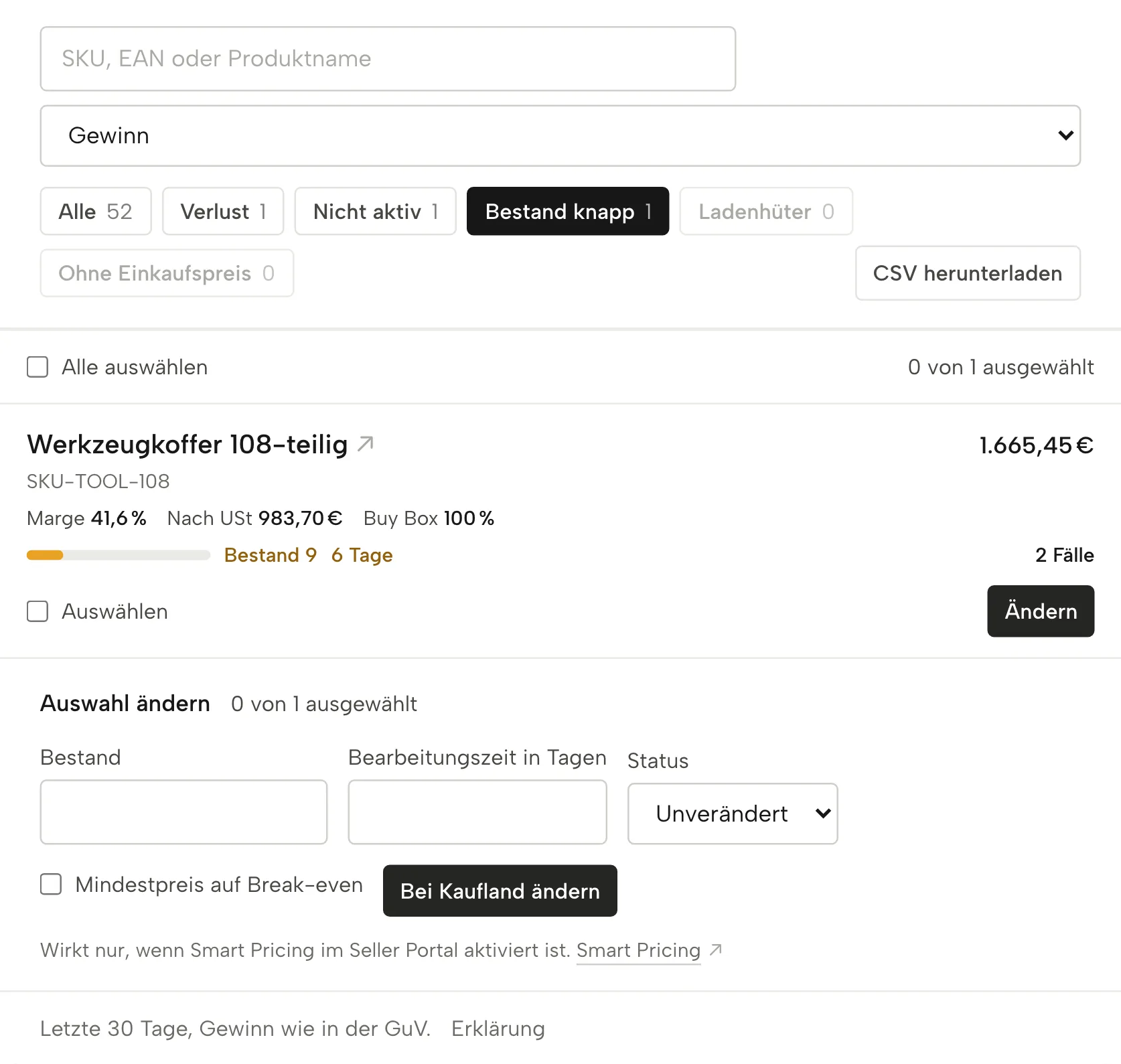 Nachbestellen in Sellgrip, mit Beispieldaten