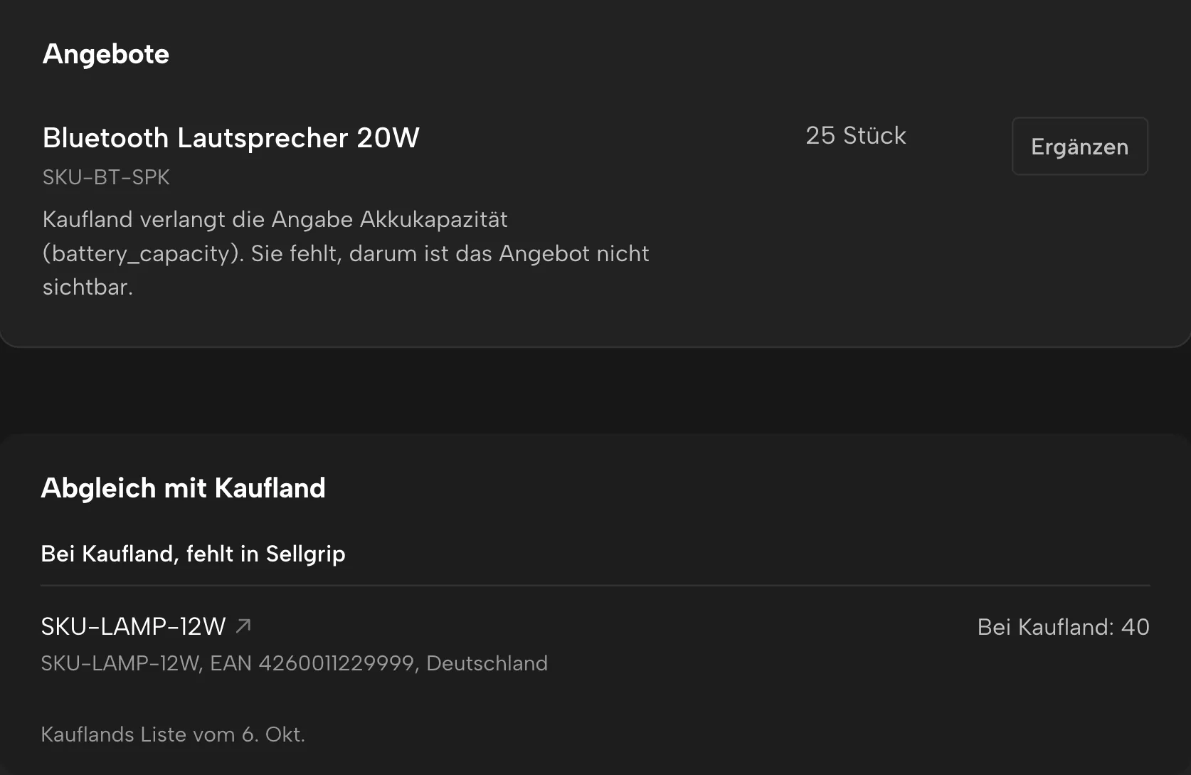 Listing-Check in Sellgrip, mit Beispieldaten