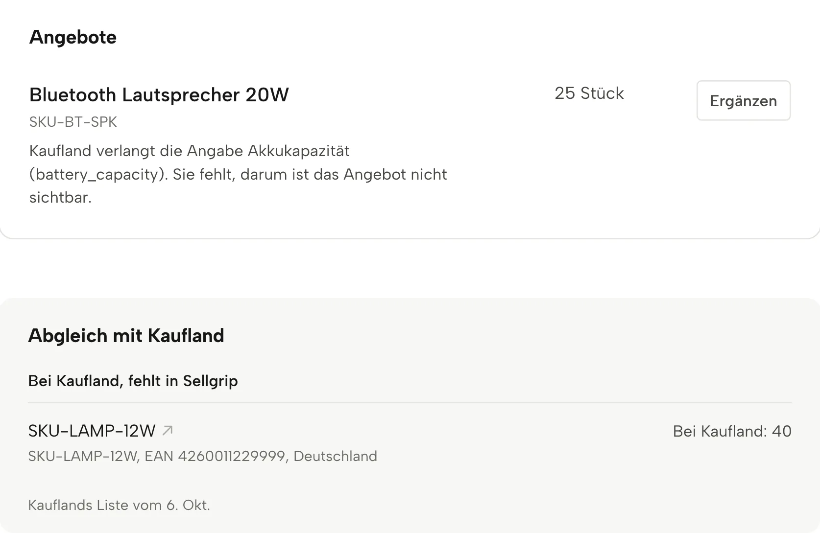 Listing-Check in Sellgrip, mit Beispieldaten
