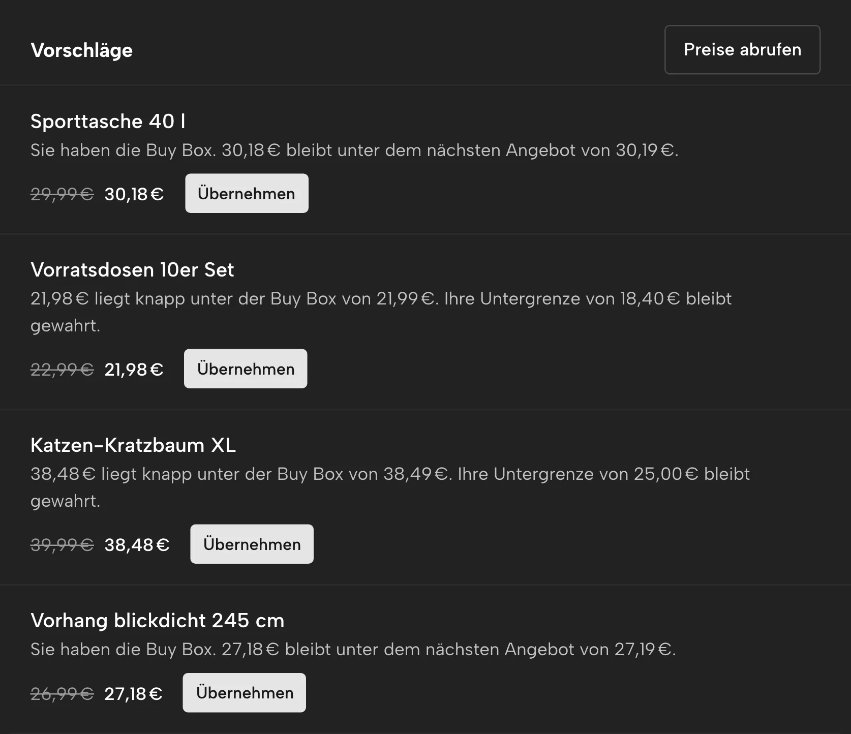 Preisregeln in Sellgrip, mit Beispieldaten