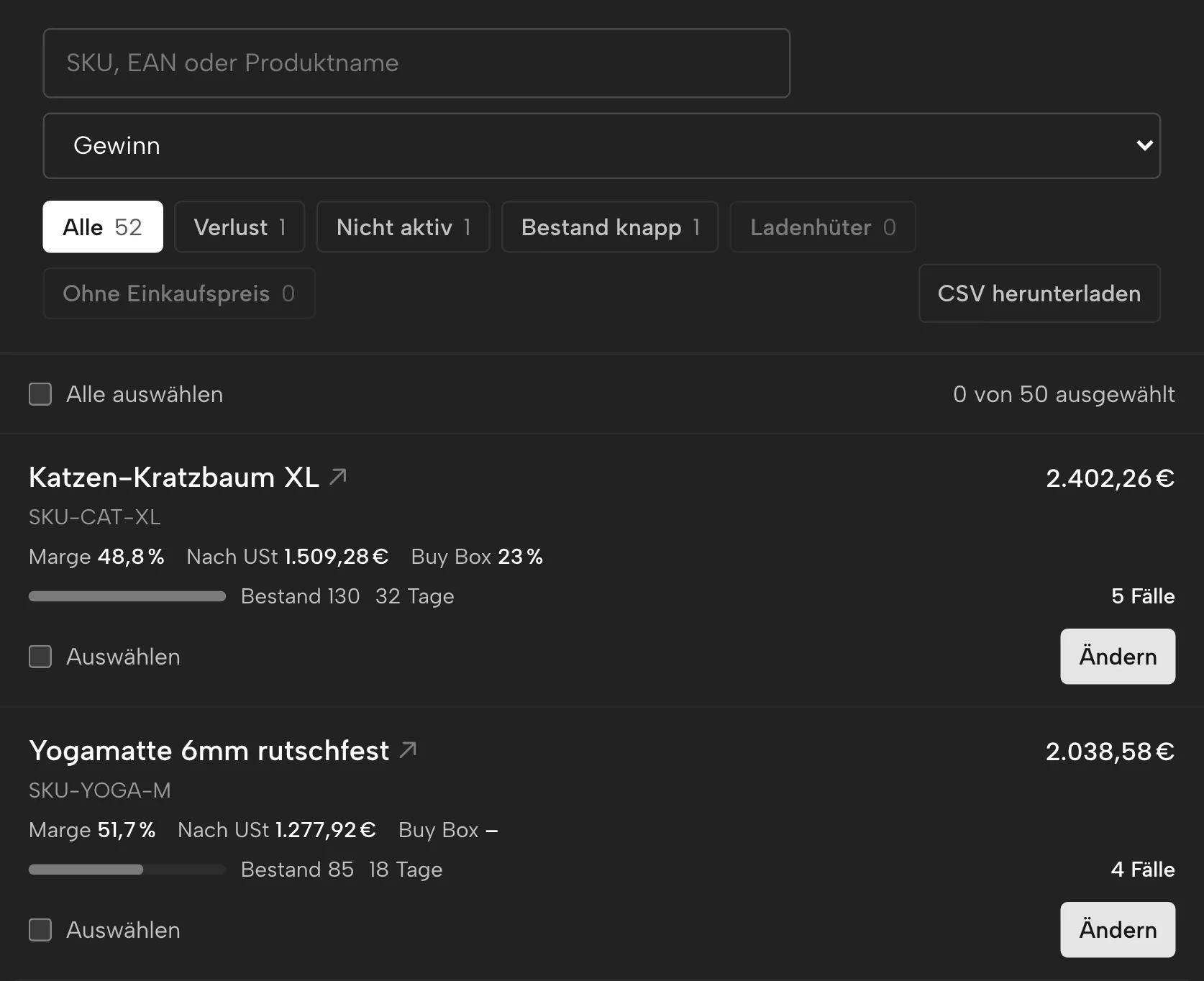 Produkte in Sellgrip, mit Beispieldaten