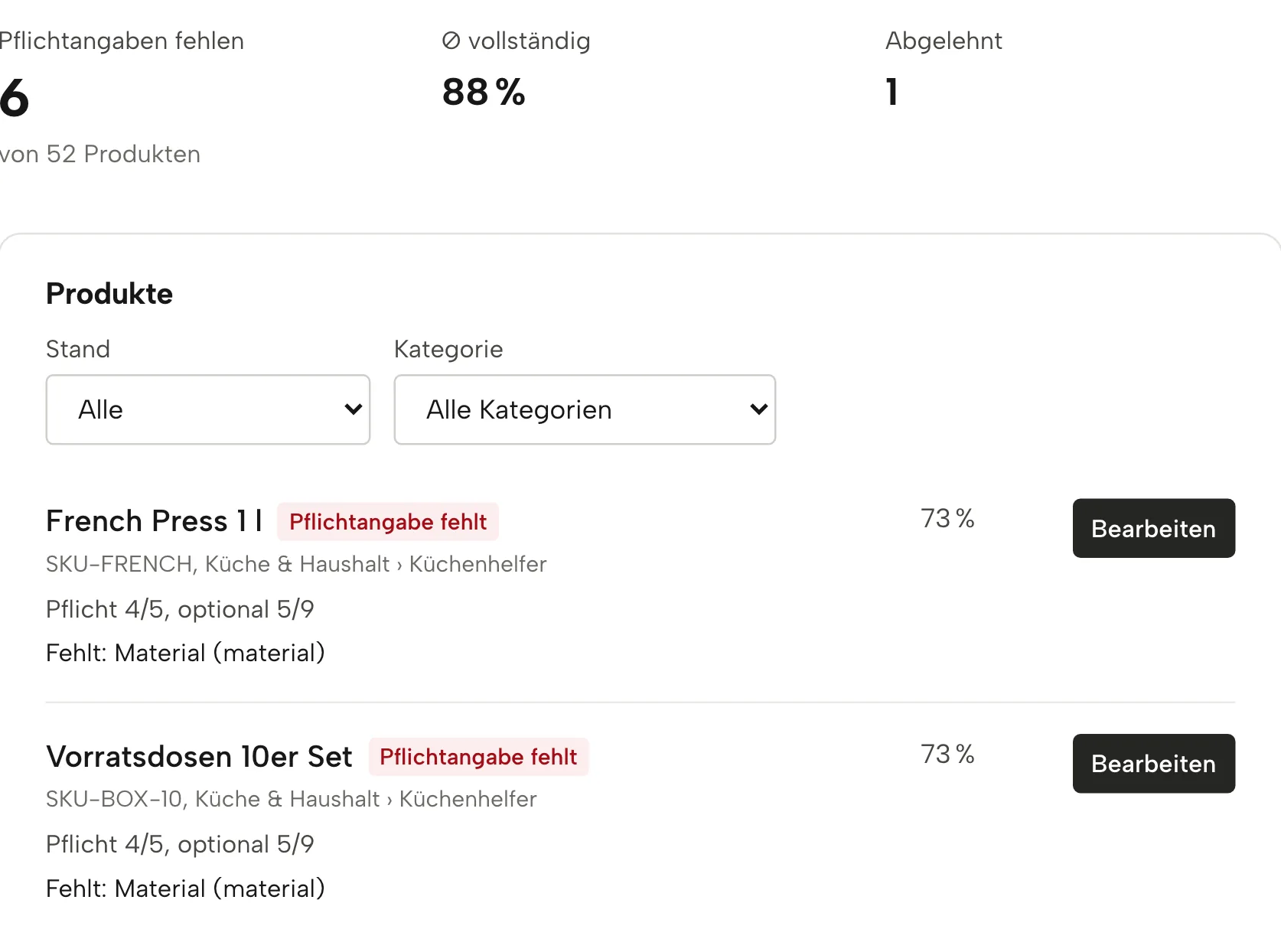 Produktdaten in Sellgrip, mit Beispieldaten