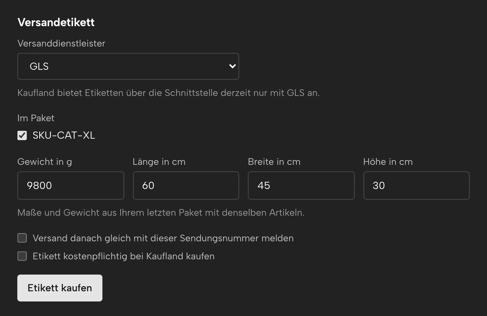 Versandetiketten in Sellgrip, mit Beispieldaten