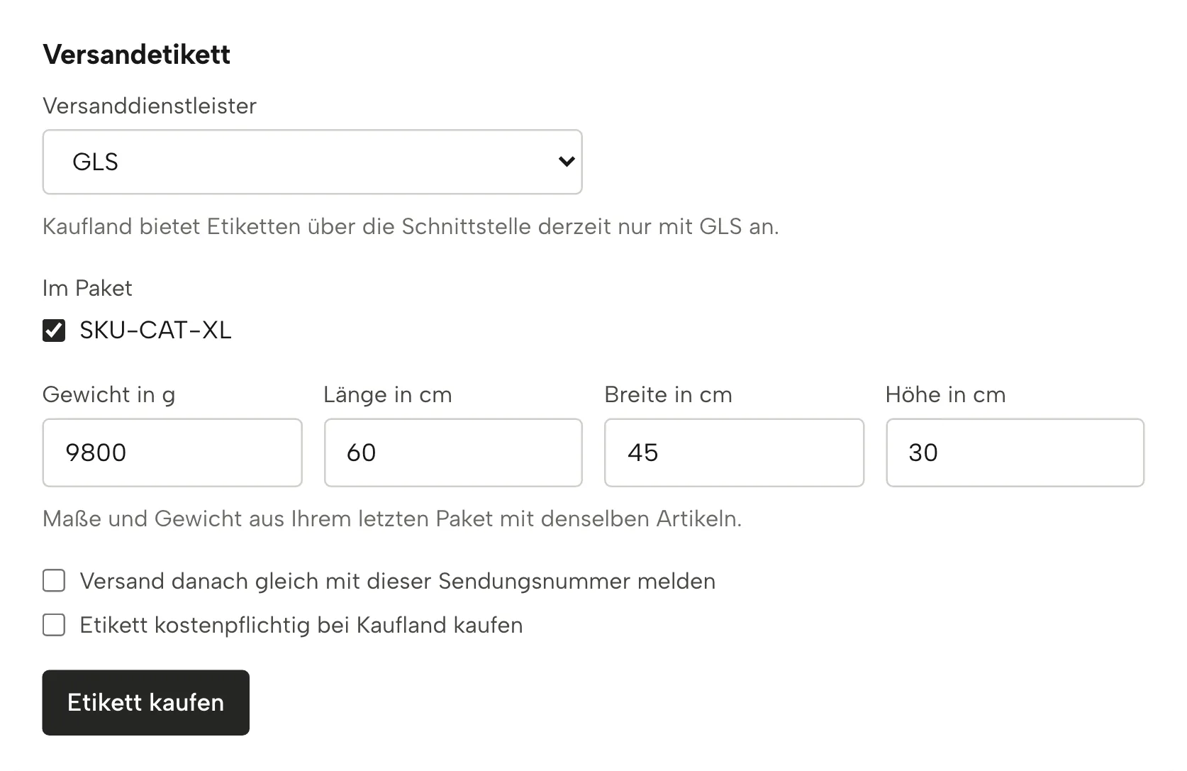 Versandetiketten in Sellgrip, mit Beispieldaten