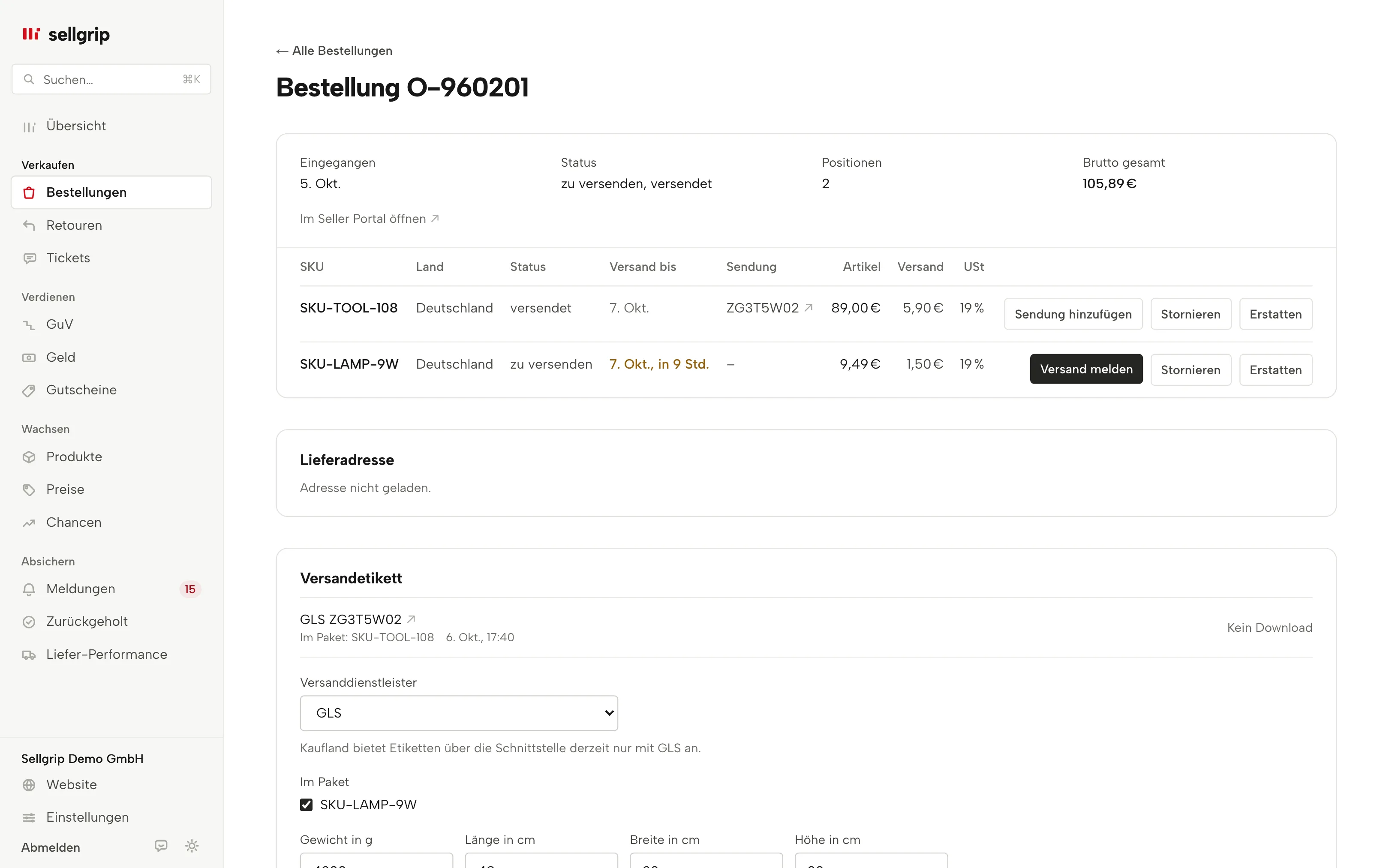 Bestellung in Sellgrip mit dem Feld für ein GLS-Versandetikett, Gewicht und Maßen.