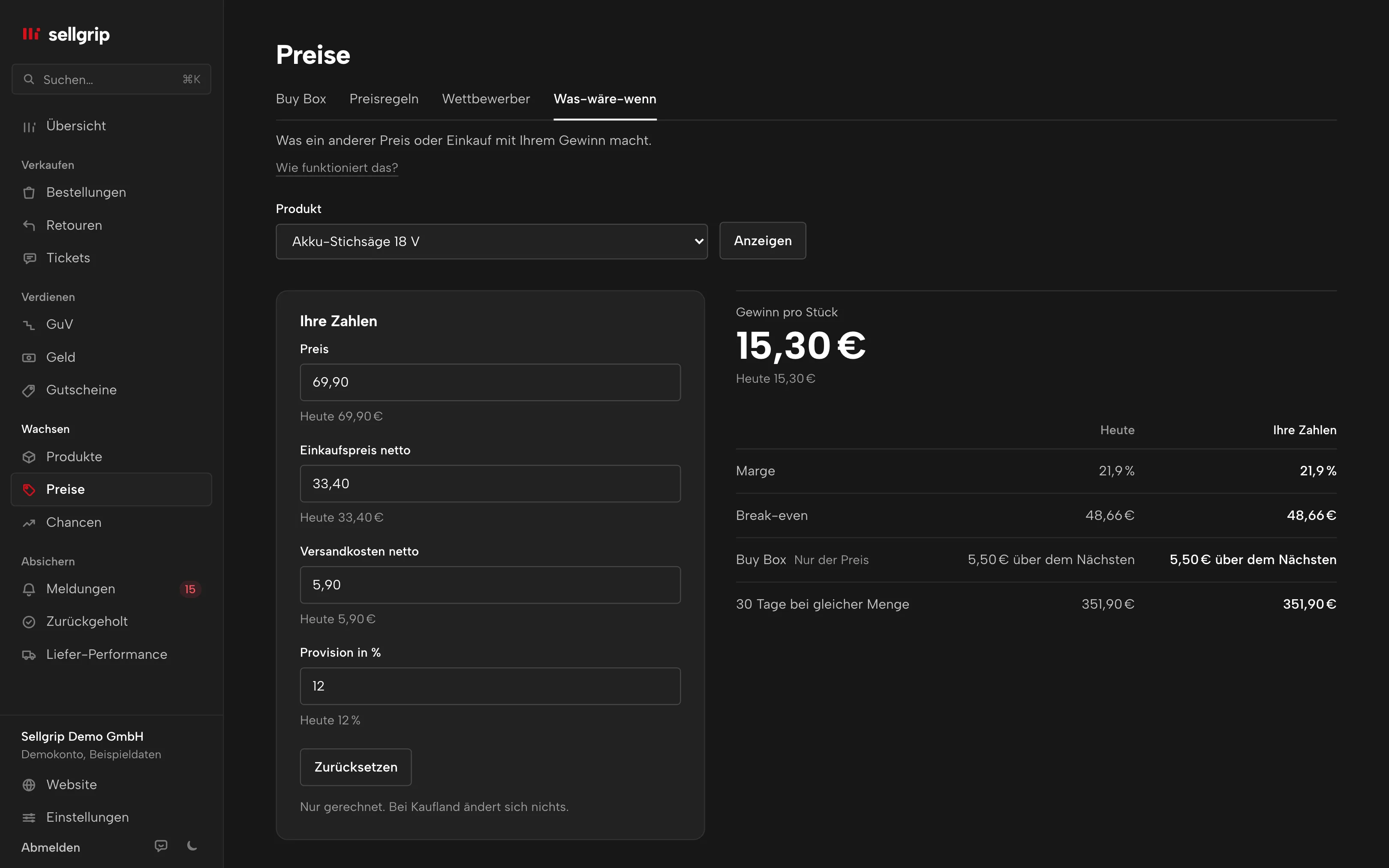 Was-wäre-wenn in Sellgrip: Preis, Einkauf und Versand für ein Produkt ändern und Gewinn je Stück, Marge und Break-even sofort sehen.