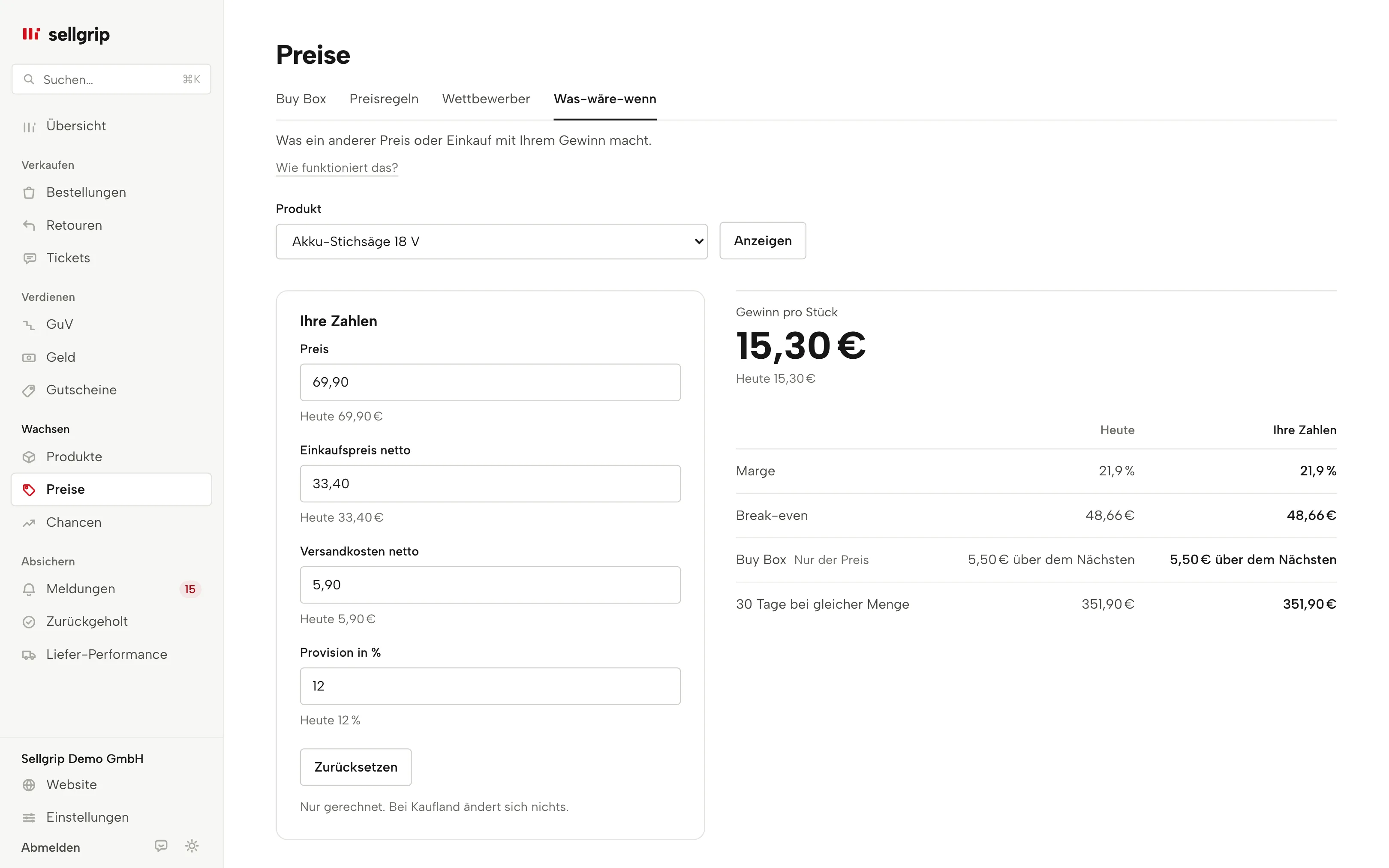 Was-wäre-wenn in Sellgrip: Preis, Einkauf und Versand für ein Produkt ändern und Gewinn je Stück, Marge und Break-even sofort sehen.