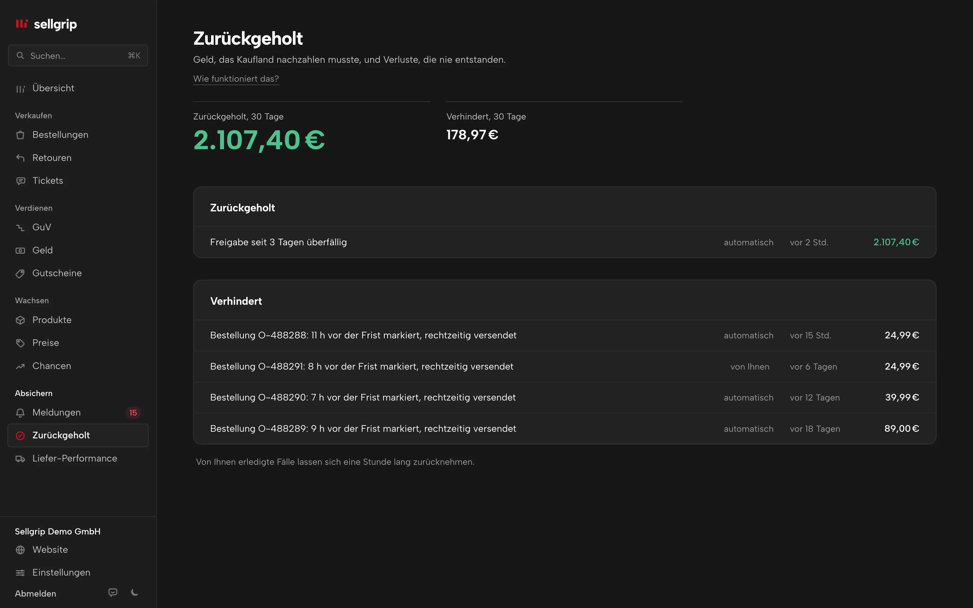 Zurückgeholt in Sellgrip: zwei Summen und die Belege mit Betrag.