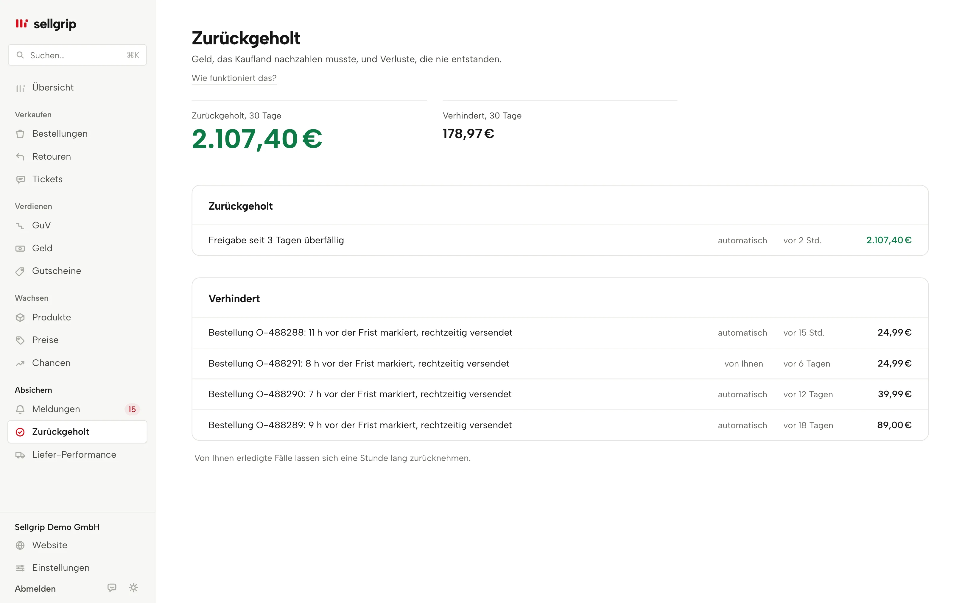 Zurückgeholt in Sellgrip: zwei Summen und die Belege mit Betrag.