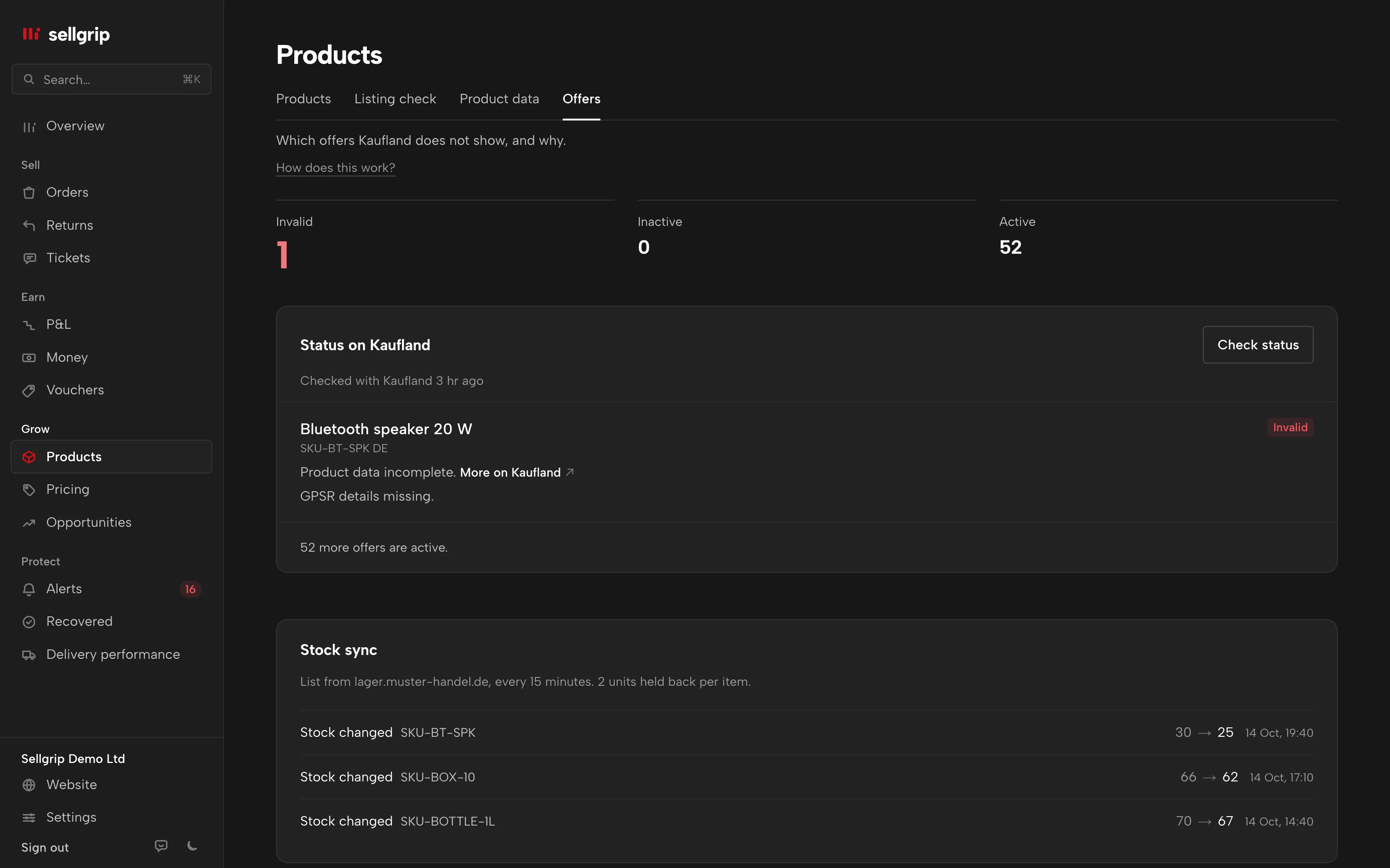 Offers in Sellgrip: the status on Kaufland per offer and the stock sync.