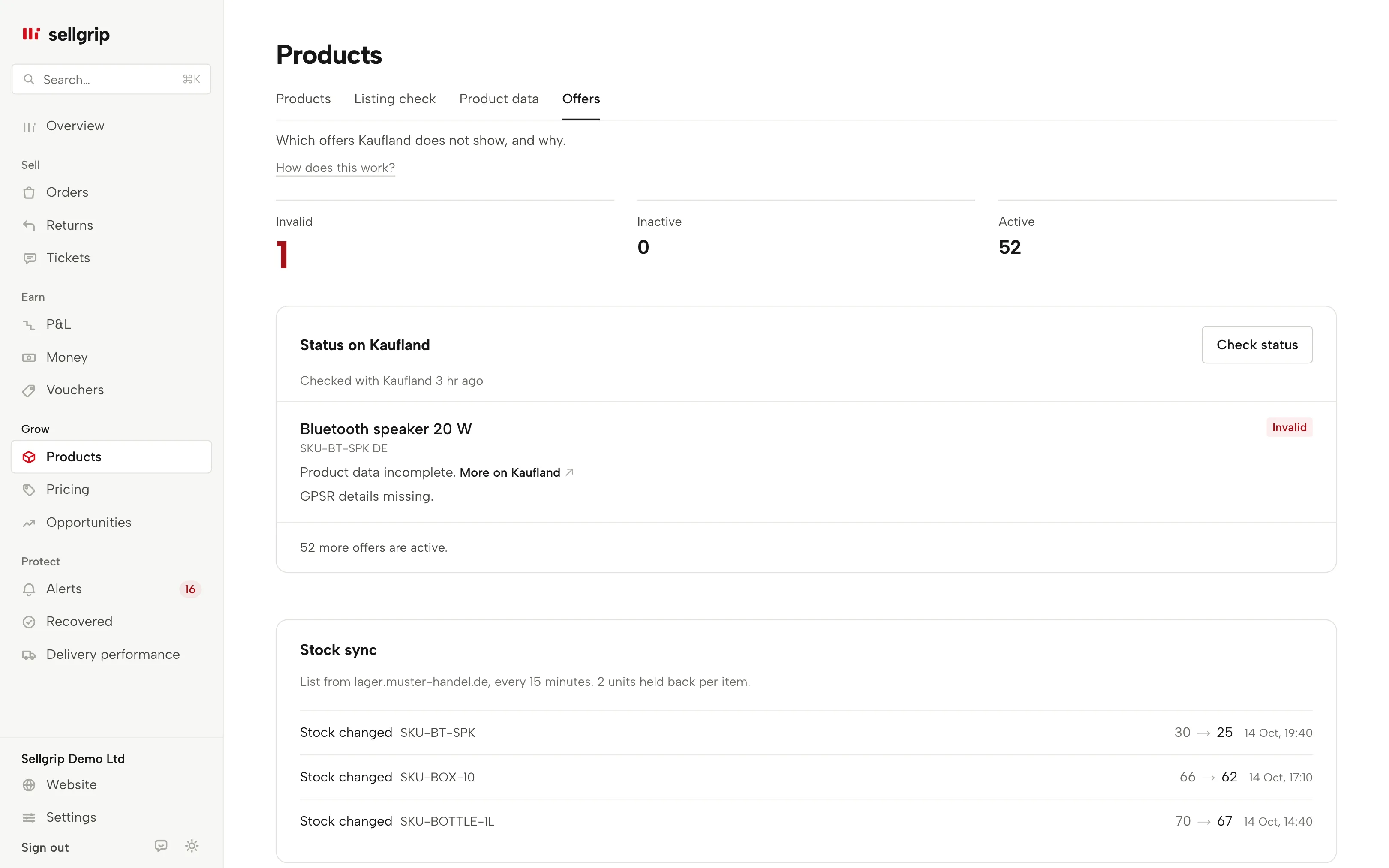 Offers in Sellgrip: the status on Kaufland per offer and the stock sync.