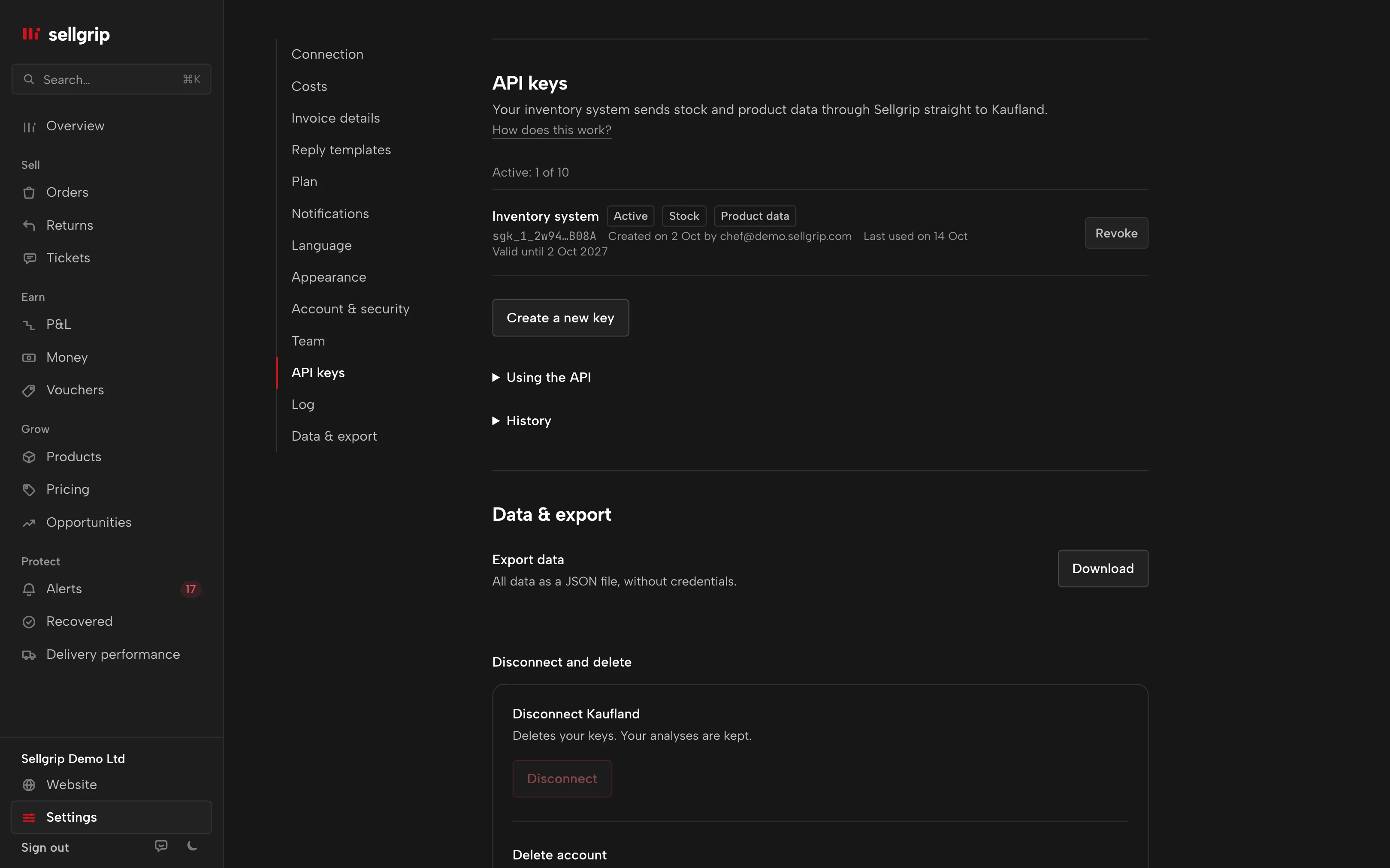 API keys in Sellgrip: the keys with their permissions, last use and expiry.