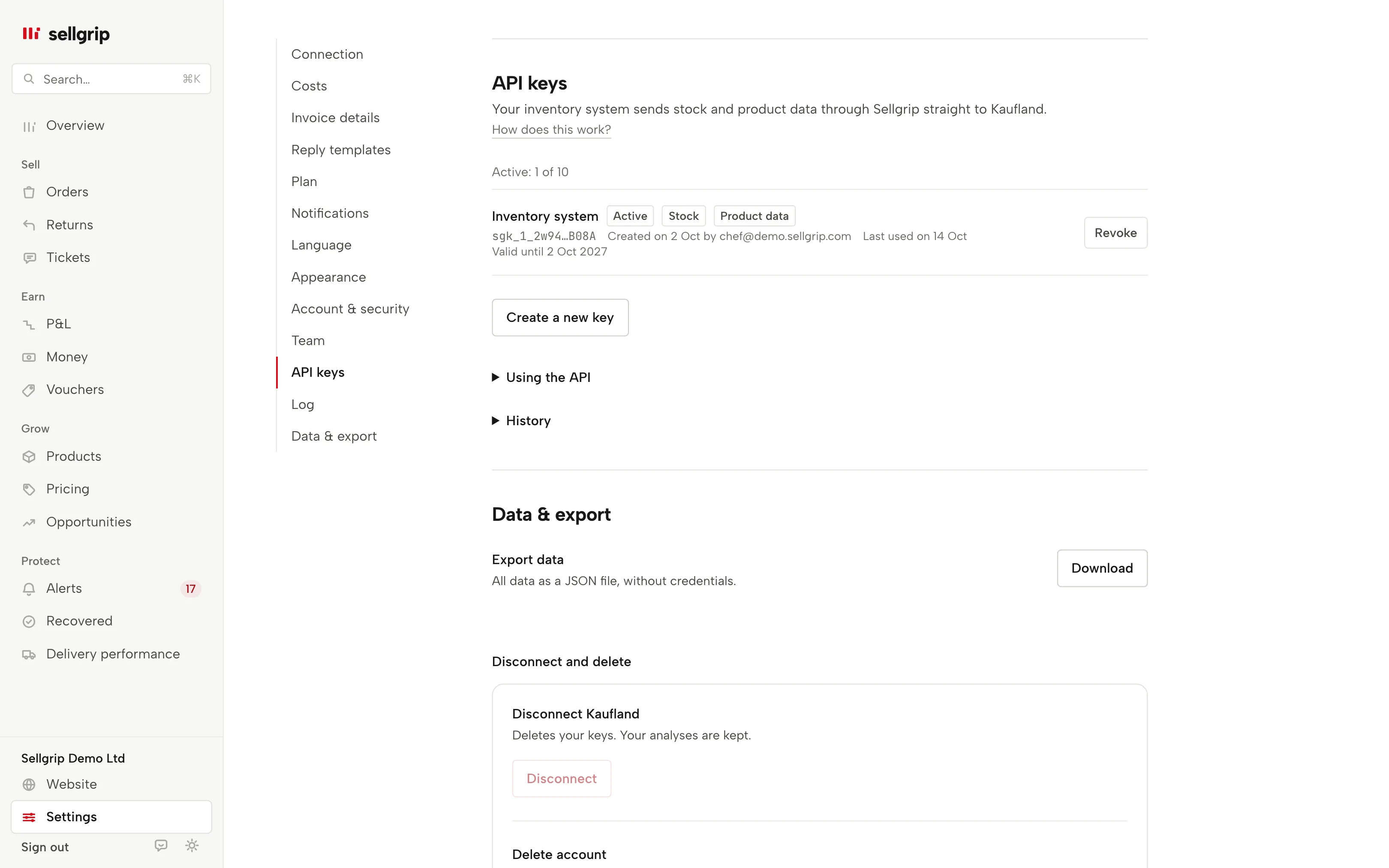 API keys in Sellgrip: the keys with their permissions, last use and expiry.