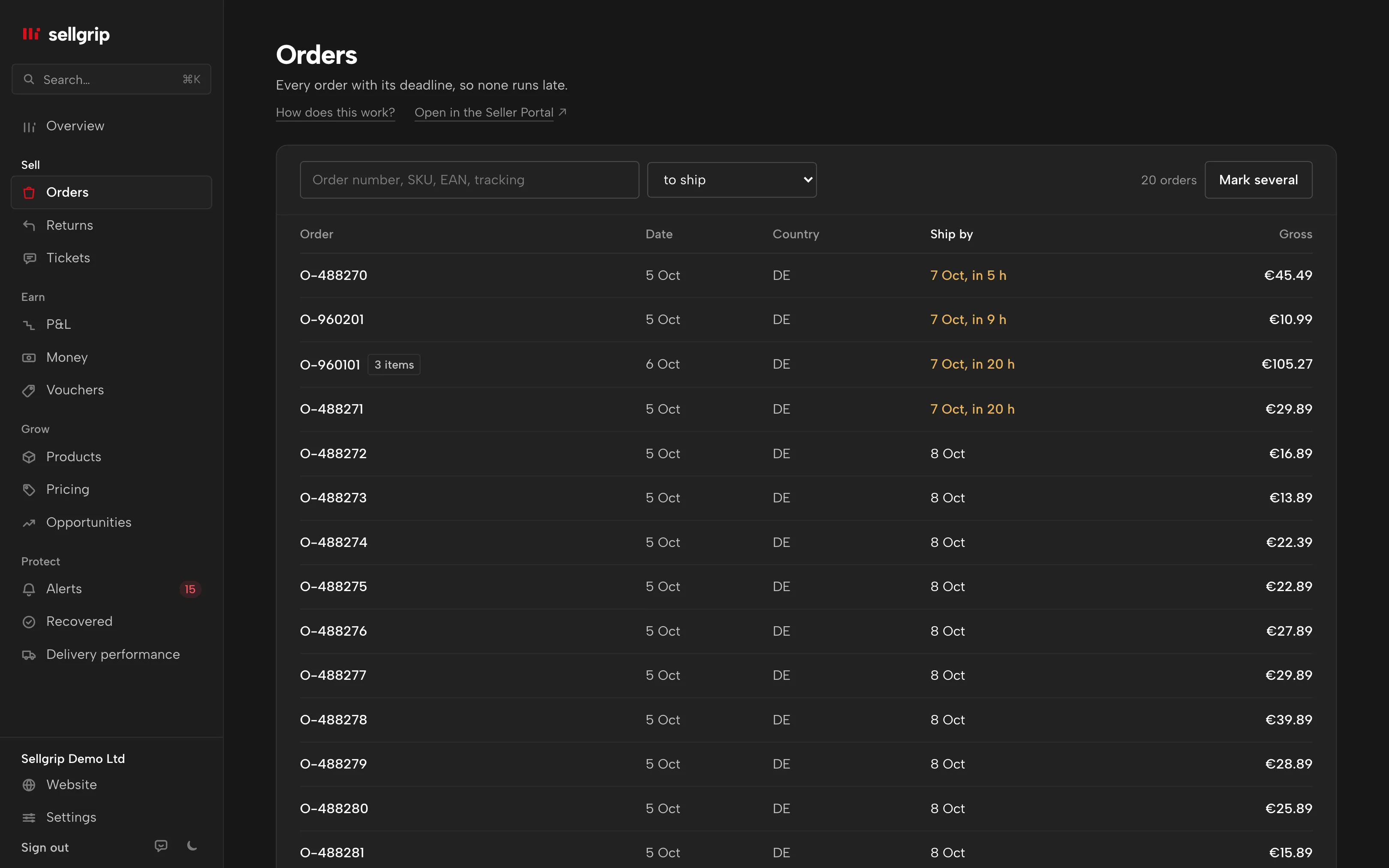 Orders in Sellgrip: search, status filter and the “Ship by” column.