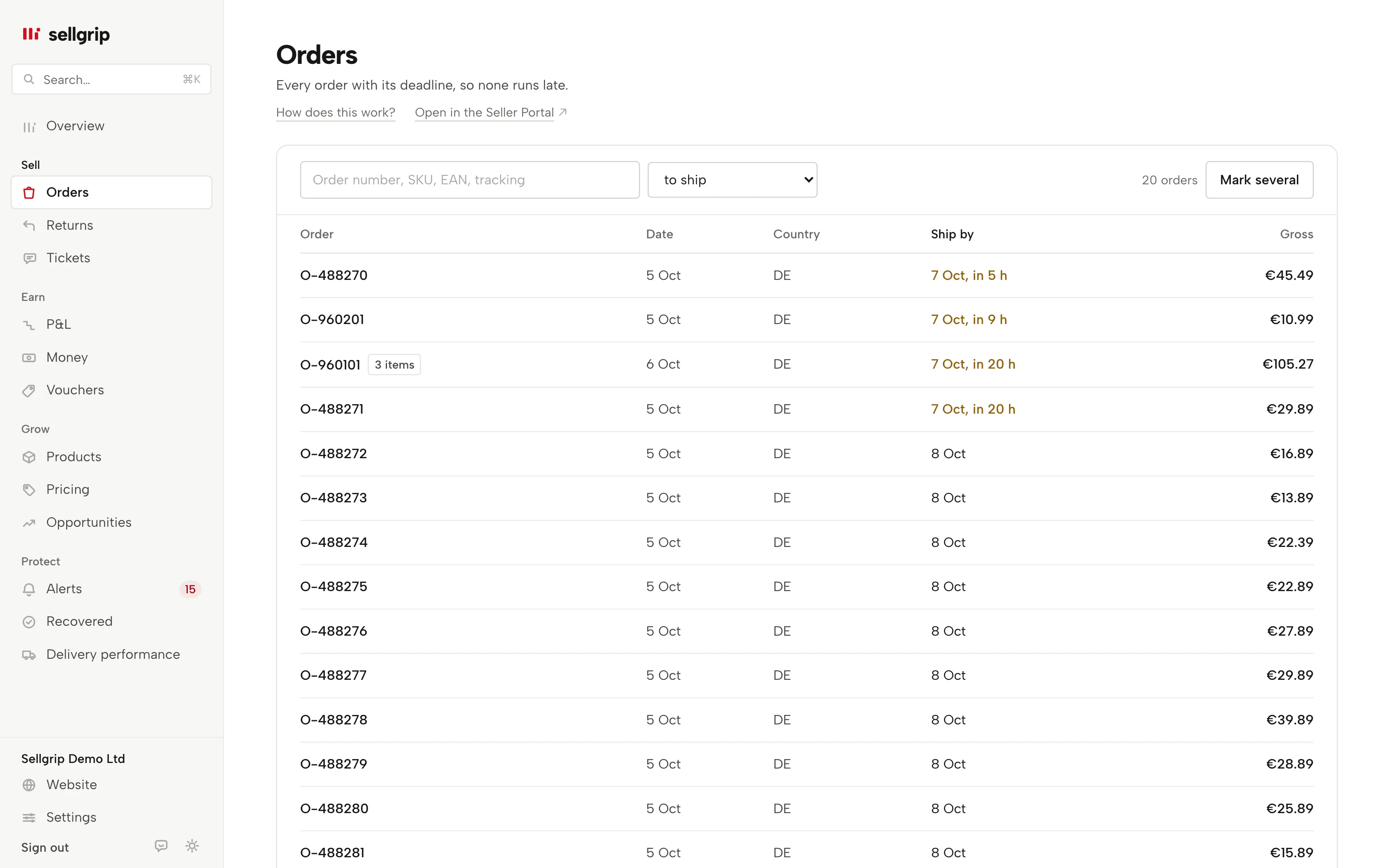 Orders in Sellgrip: search, status filter and the “Ship by” column.