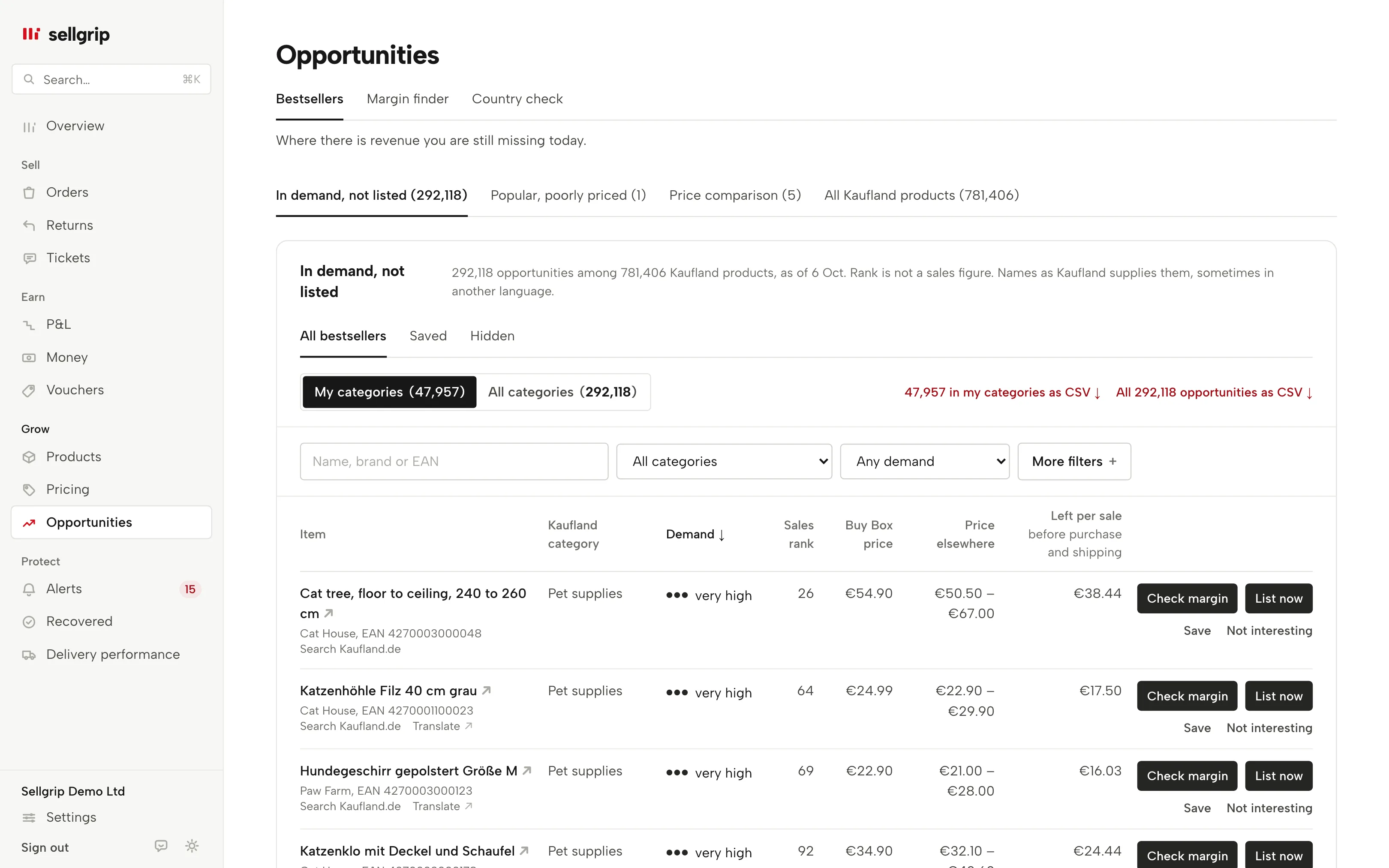 Opportunities in Sellgrip with the price comparison: your price next to the lowest offer on Kaufland and the Buy Box price.