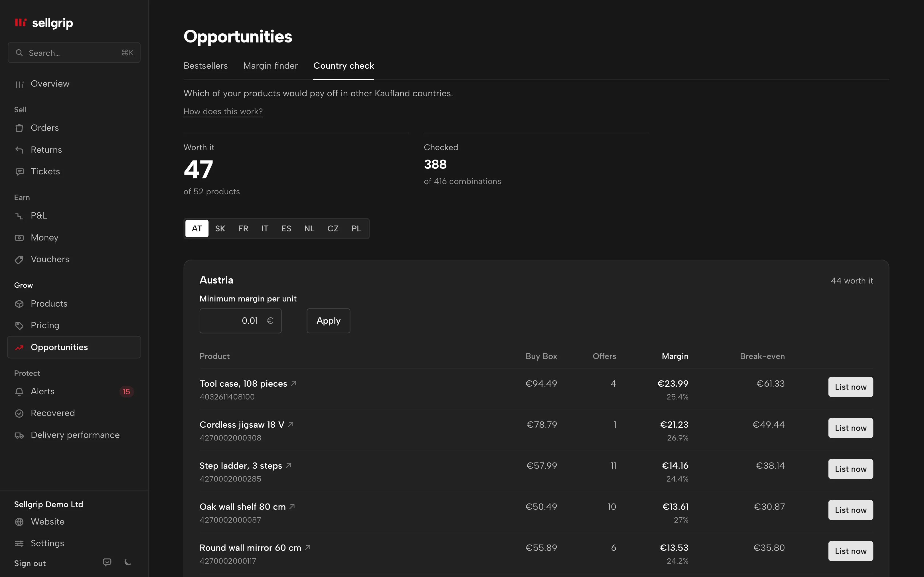Country check in Sellgrip with one row per country, the number of worthwhile products and the best margin.
