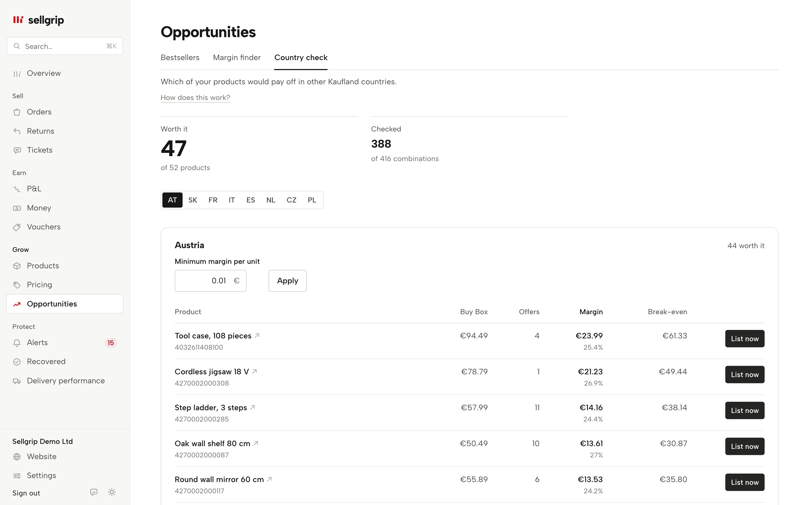 Country check in Sellgrip with one row per country, the number of worthwhile products and the best margin.