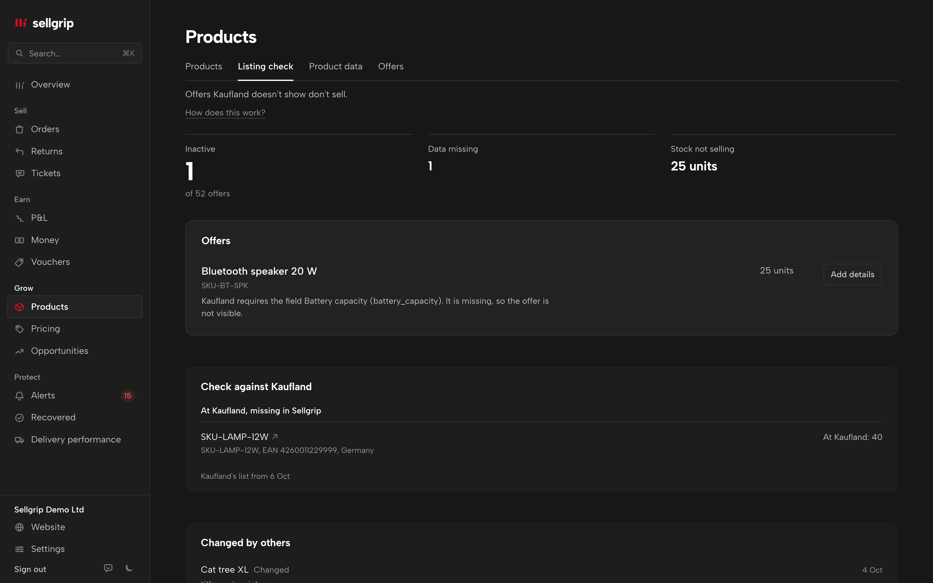 Listing check in Sellgrip: the offer with a missing detail, with the “Edit” button.
