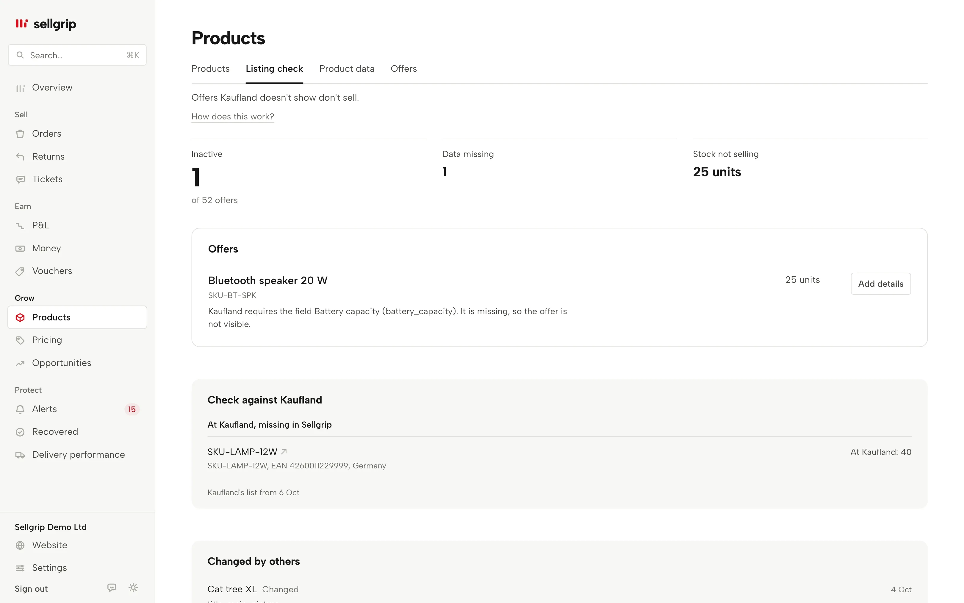 Listing check in Sellgrip: the offer with a missing detail, with the “Edit” button.