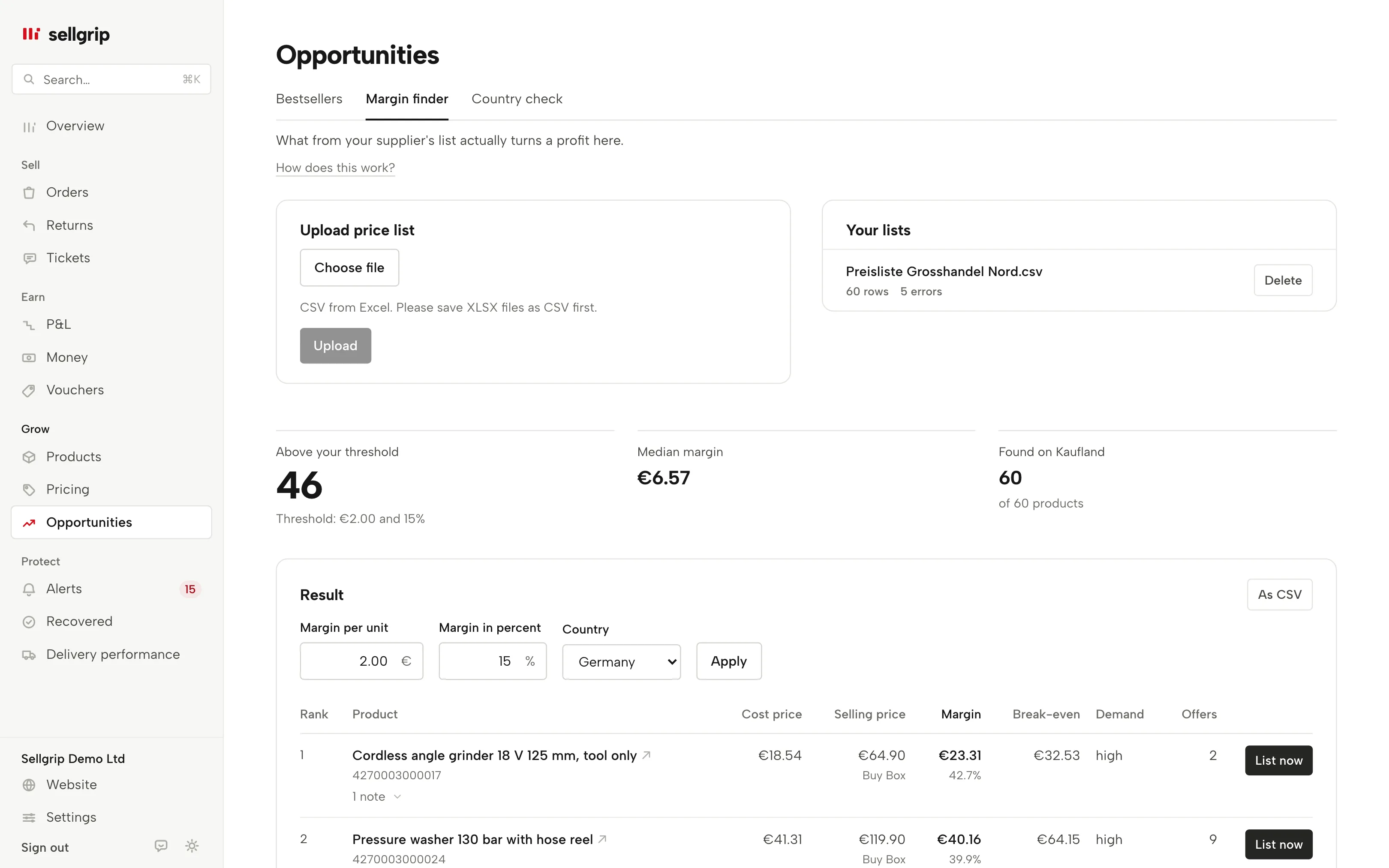 Margin finder in Sellgrip with an uploaded supplier list, margin per unit and reasons.