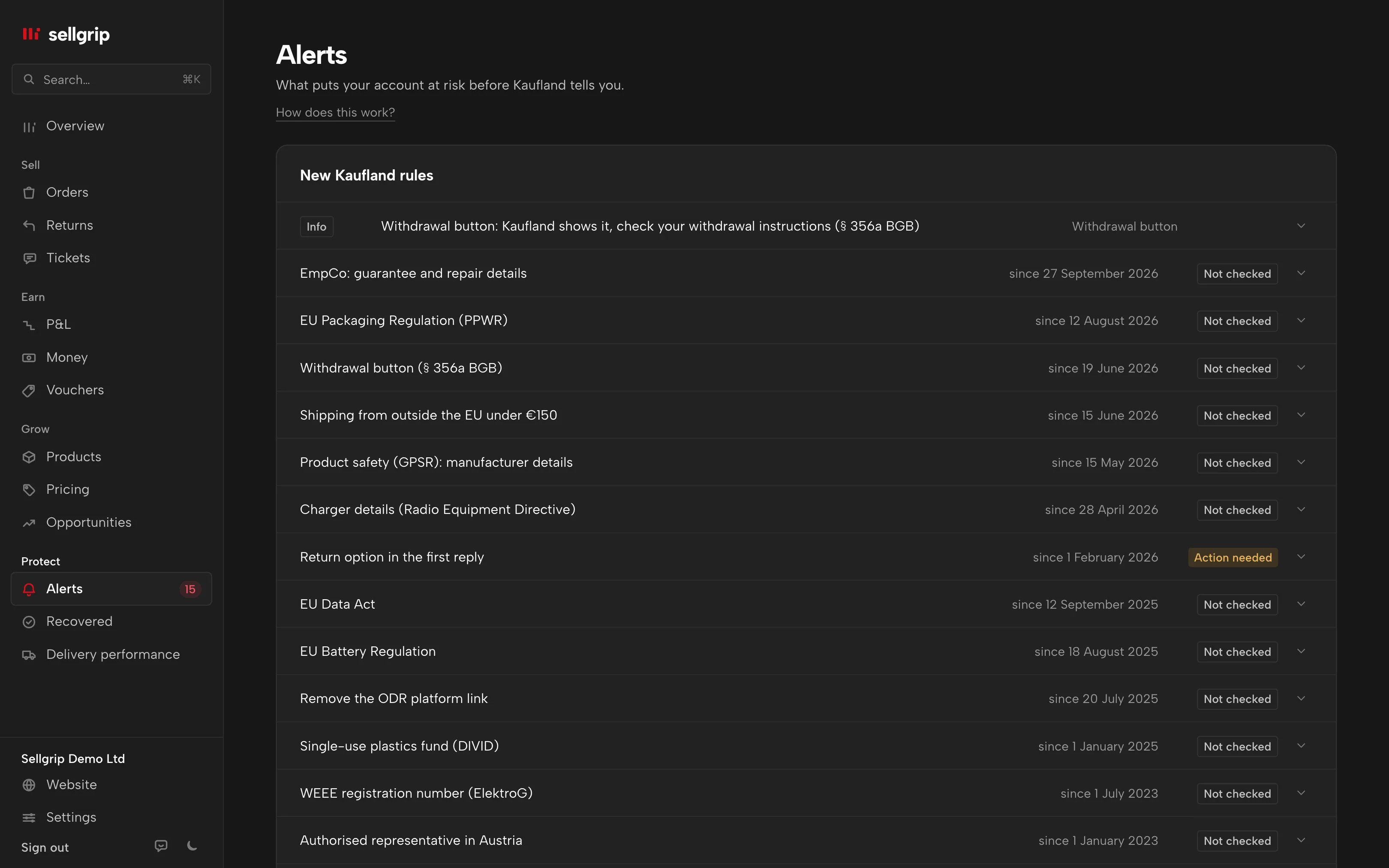 Alerts in Sellgrip, with Account health and an account risk at the top.