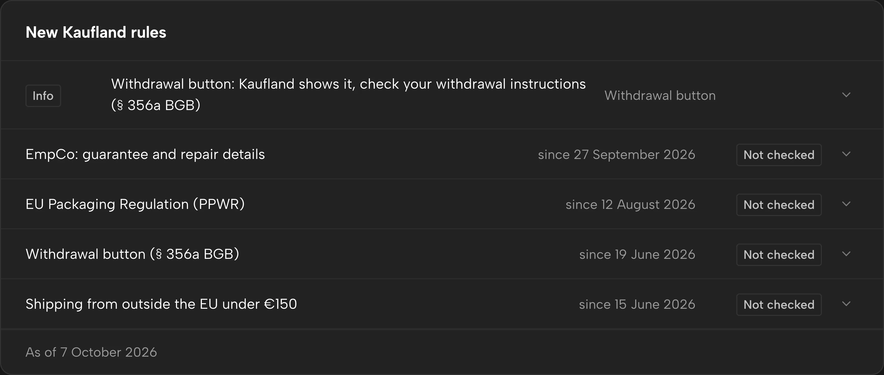 New Kaufland rules in Sellgrip, with dates and status.