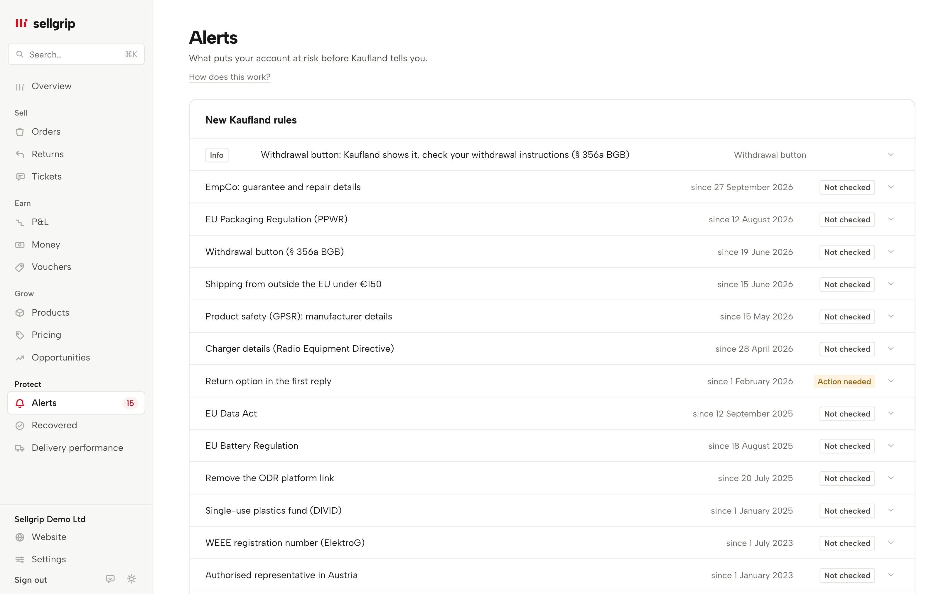 Alerts in Sellgrip, with Account health and an account risk at the top.