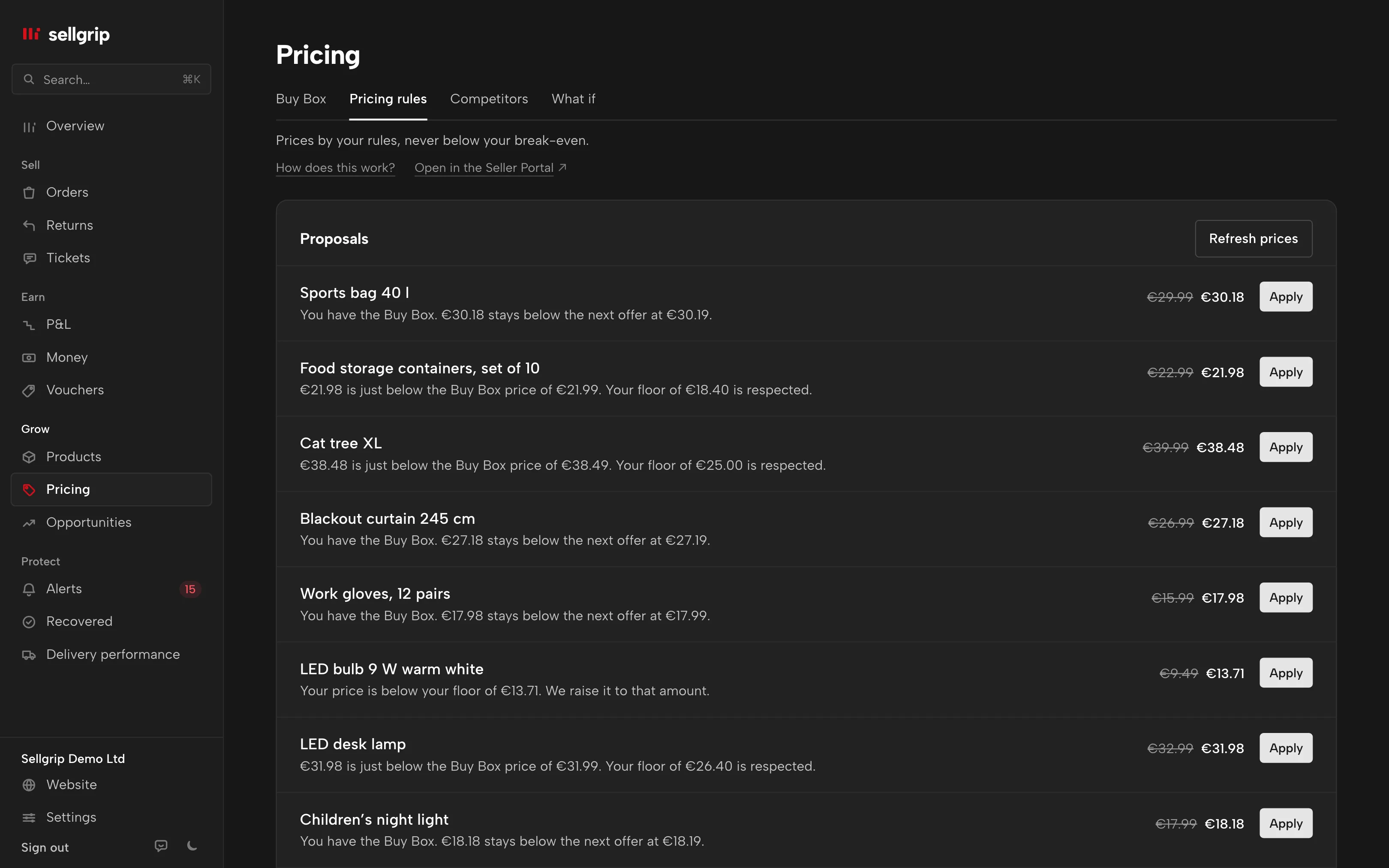 Pricing rules in Sellgrip with a proposal per product, the floor and the emergency stop.