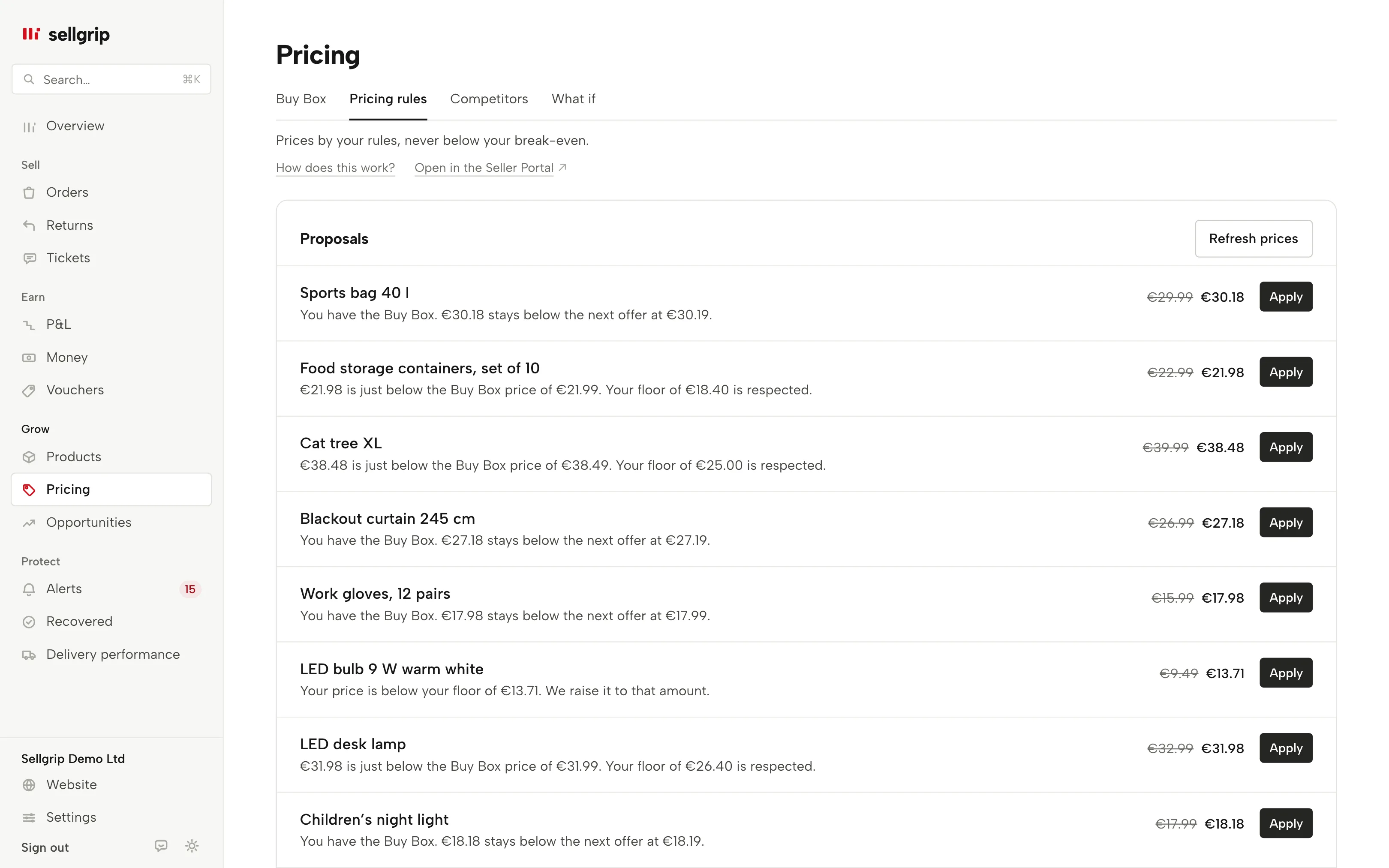 Pricing rules in Sellgrip with a proposal per product, the floor and the emergency stop.