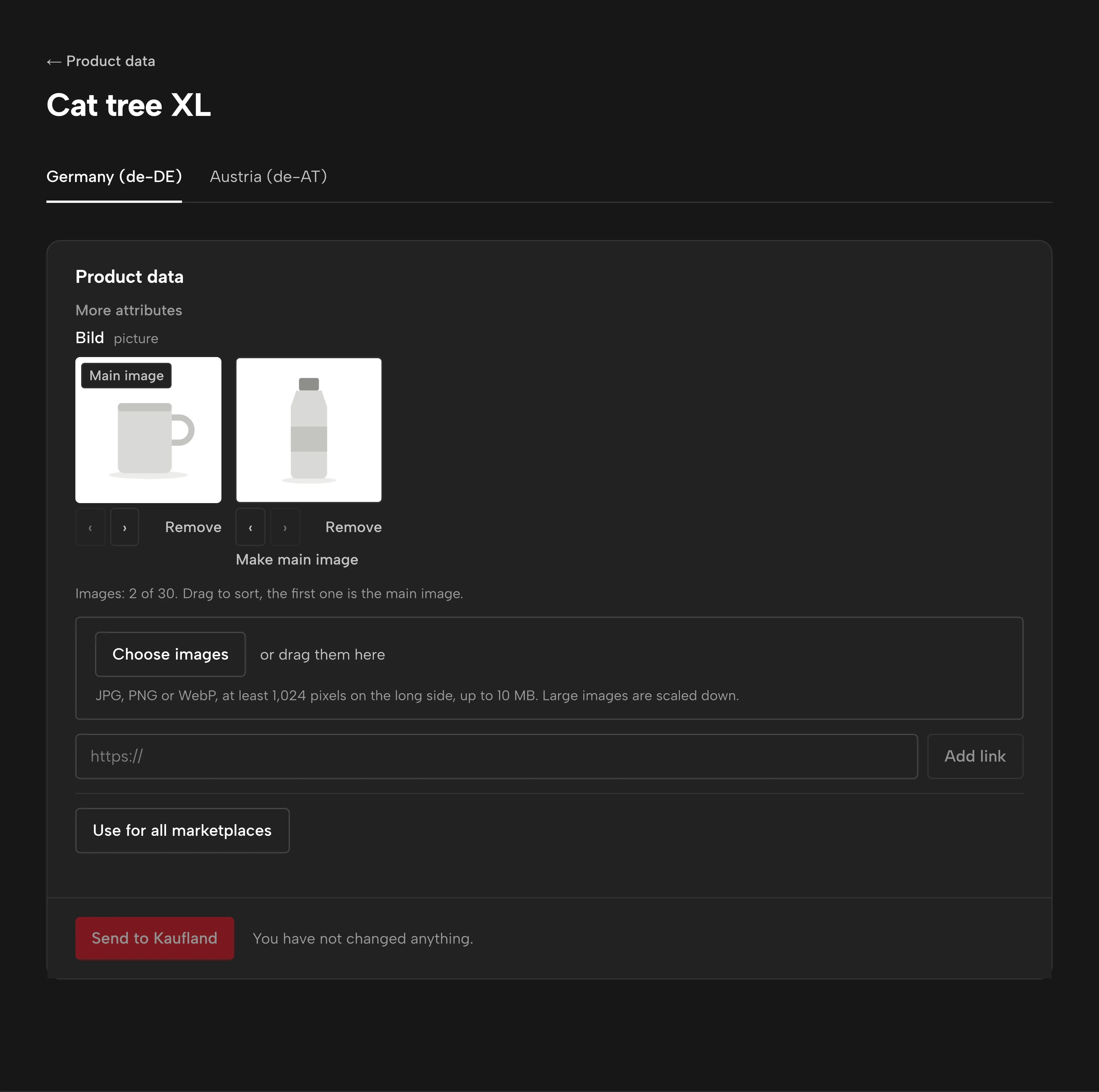 Product data for one product in Sellgrip: a tab per Kaufland storefront, the images with the main image first, and the field to choose, drag or link more.
